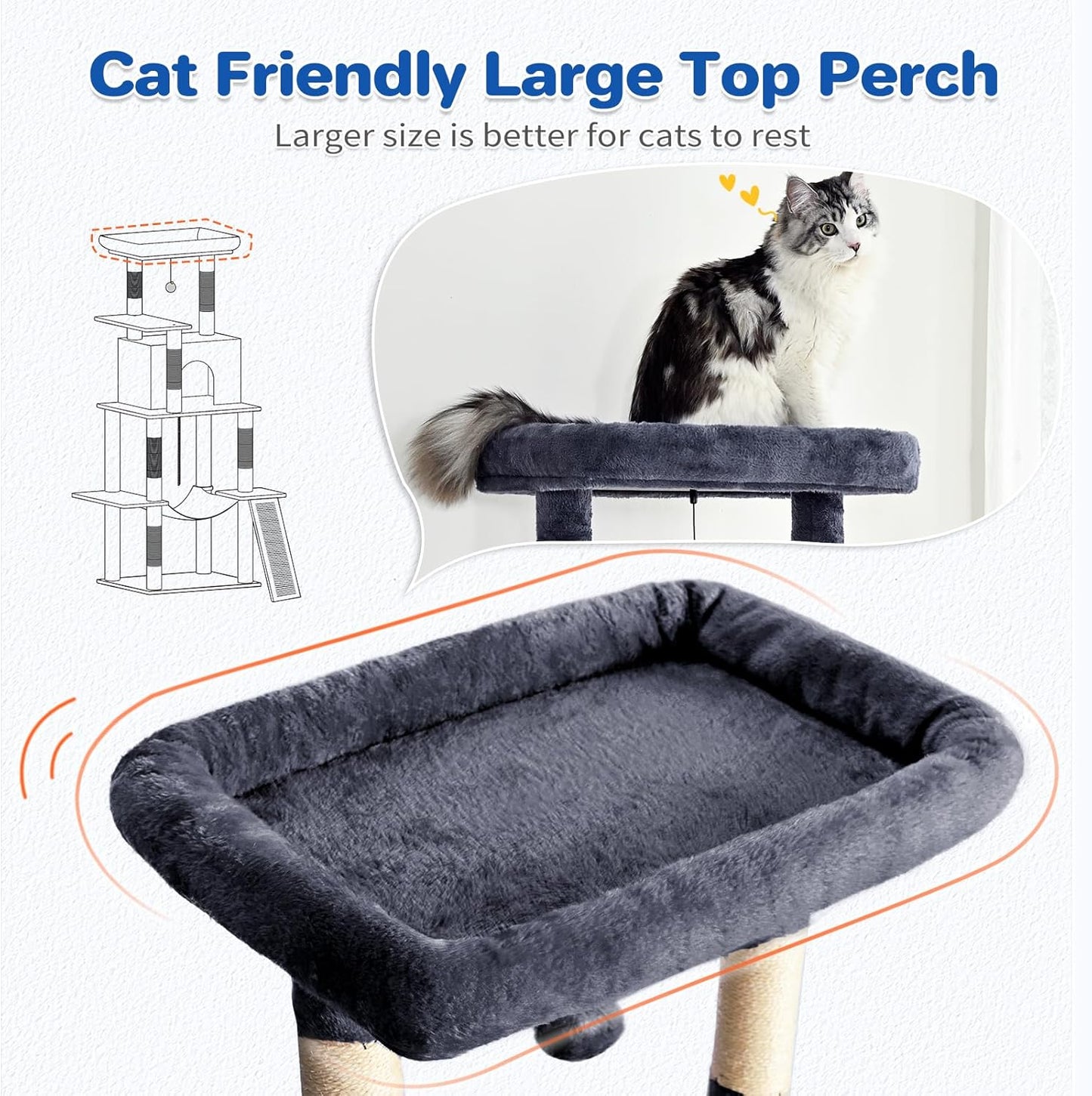 Cat Tree Tower 63in Multi-Level Cat Tower for Indoor Cats with Sisal Scratching Posts, Condo, Hammock, Dangling Ball and Extended Platform for Cats to Play, Dark Grey