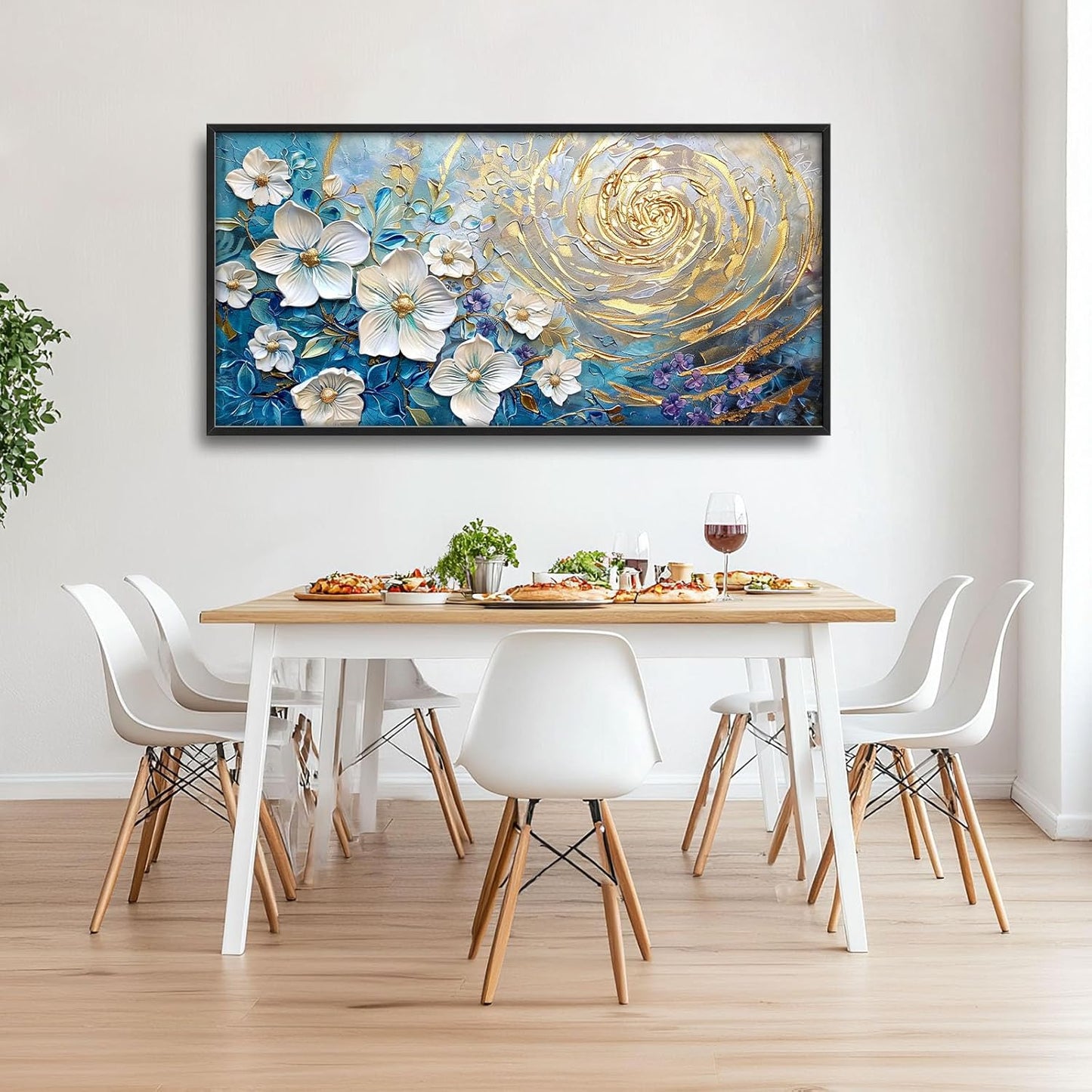 Flower Large Wall Art White Floral Pictures Abstract Golden Spiral Texture Wall Decor Canvas Print Painting Artwork for Bathroom Living Room Bedroom 60L" x 30W"