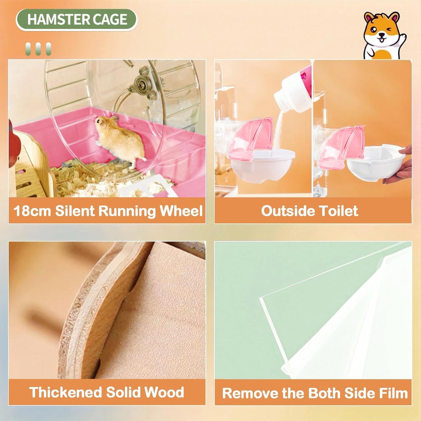 8 in 1 Clear Acrylic Hamster Cage with All Accessories,13.5''L* 10''W* 13''H Dwarf Hamster Cage,Small Hamster Habitat,Garden Style Mouse Cage for Pet Mice,Hamster Enclosure(1-Layer,Pink)