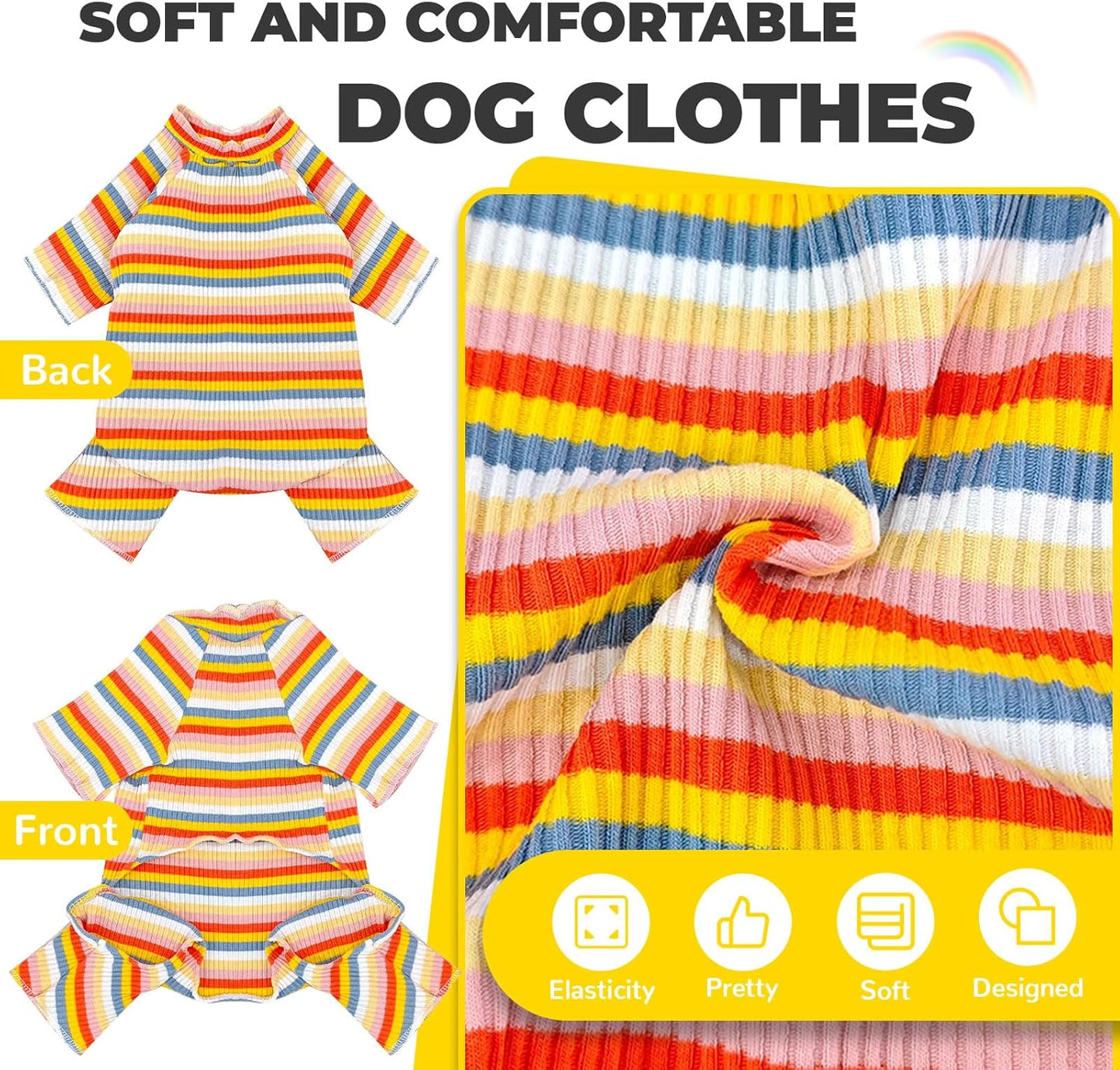 BAEJMJK Striped Dog Pajamas Stretchy Cute Four-Legged Boy Girl Dog Clothes with Sleeves Comfortable Dogs Jumpsuit Colorful Pet Puppy Outfits Apparel for Small Medium Dogs Cats (Yellow,Large)