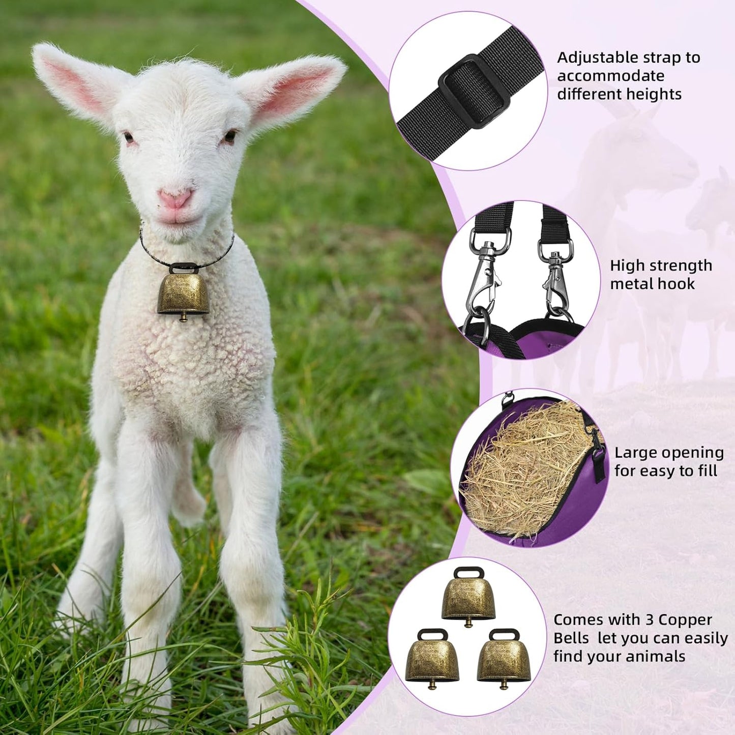 3 PCS Goat Hay Feeder,Hay Bags for Horses,Goats,Donkeys with Reinforced Oxford Fabric and High Strength Metal Clasp,Horse Feeding Supplies with Adjustable Strap for Easy Hanging(2Purple+1Orange)