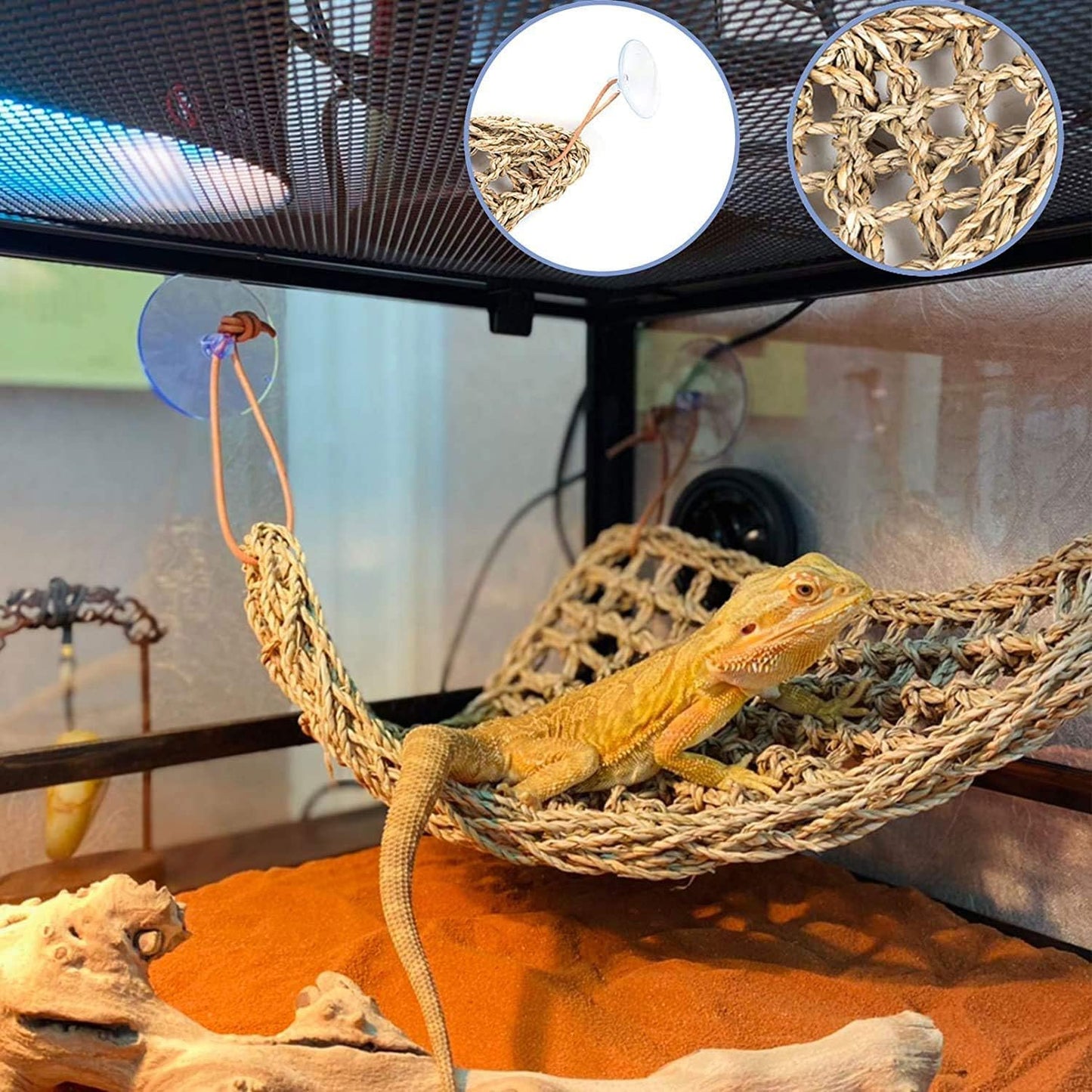 Bearded Dragon Tank Accessories Set: Reptile Habitat Decor with Climbing Hammock Toys, Natural Wood Hideout for Hermit Crab, Lizard, Leopard Gecko,Crested,Tortoise, Snake