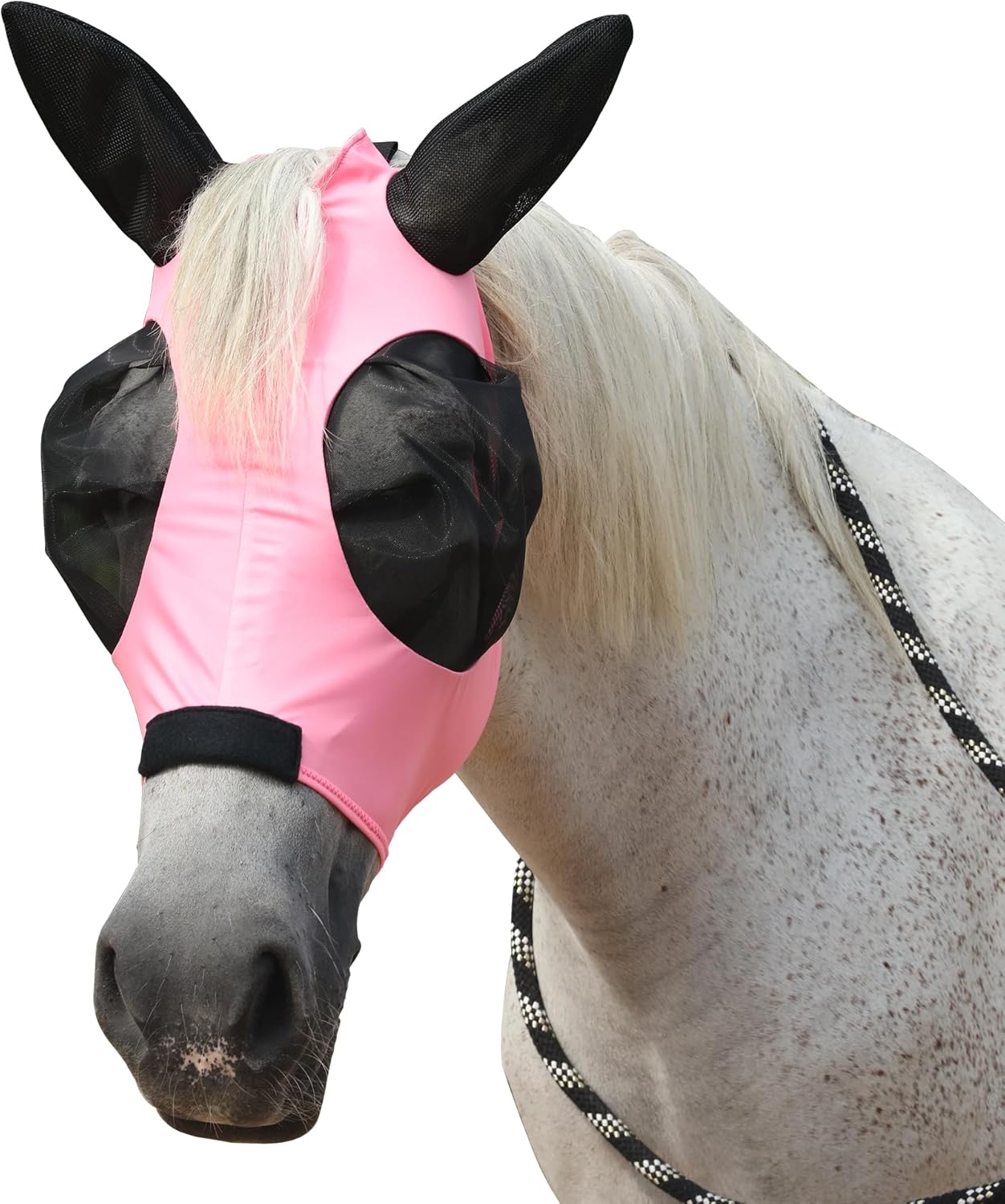 Horse Fly Mask with Ears - Large Eye Space for Full Vision, Breathable Stretch Comfort Fit, UV Protection, Forelock Opening, Easy Pull-On Pink Pony