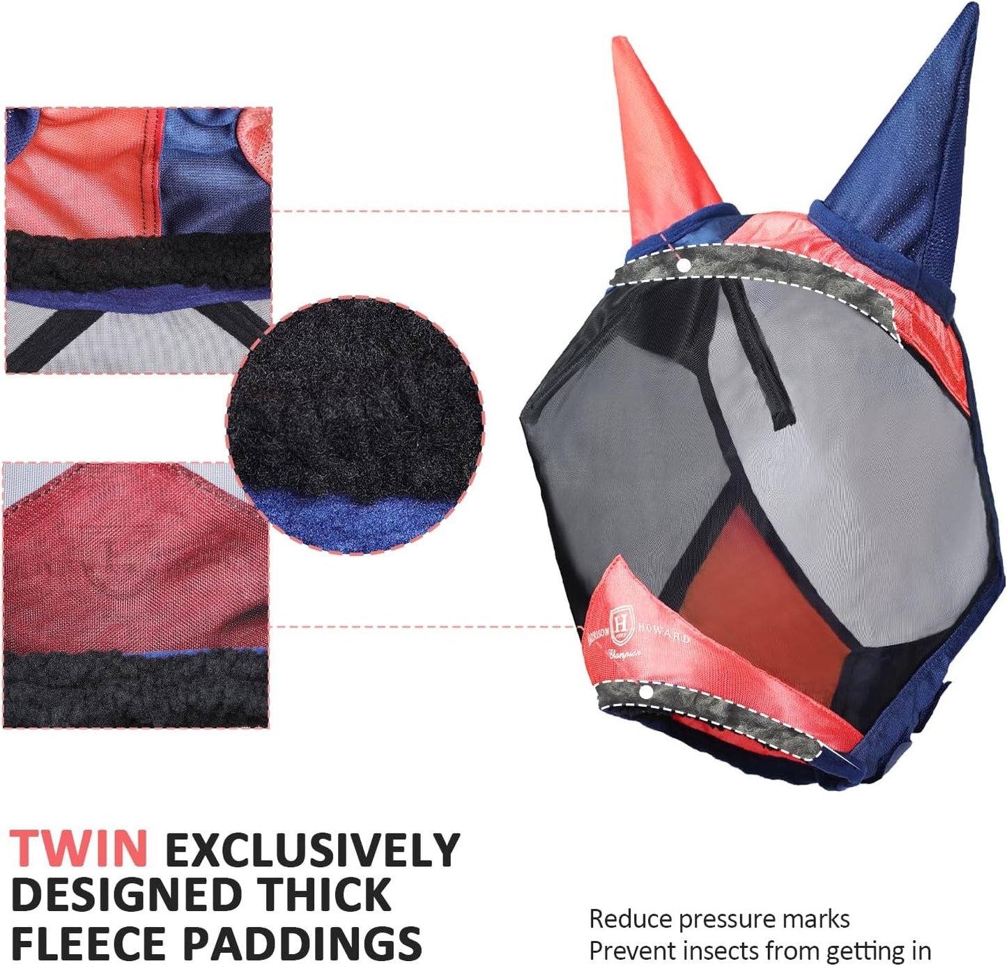 Harrison Howard Pro Luminous Horse Fly Mask Large Eye Space Half Face with Ears UV Protection for Horse Coral Orange/Navy XL