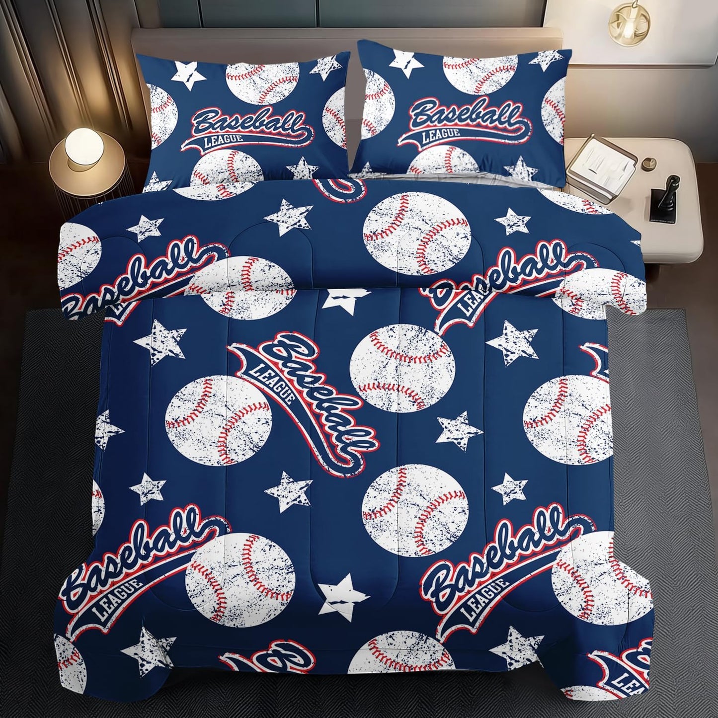 Baseball Comforter Set Full,Sports Bedding Sets for Boys,Blue Sports Comforter Full Bedroom Decor,Baseball Bedding Teen for All Seasons,Blue Quilt Kids Bedroom Decor