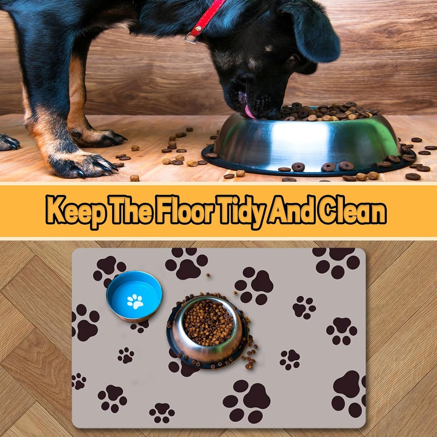 Dog Food Mat for Food and Water, Absorbent Pet Feeding Non-Slip Backing Cat Dog Bowl Mat No Stains Quick Dry Placemat with Footprints for Messy Brown,20"×12"