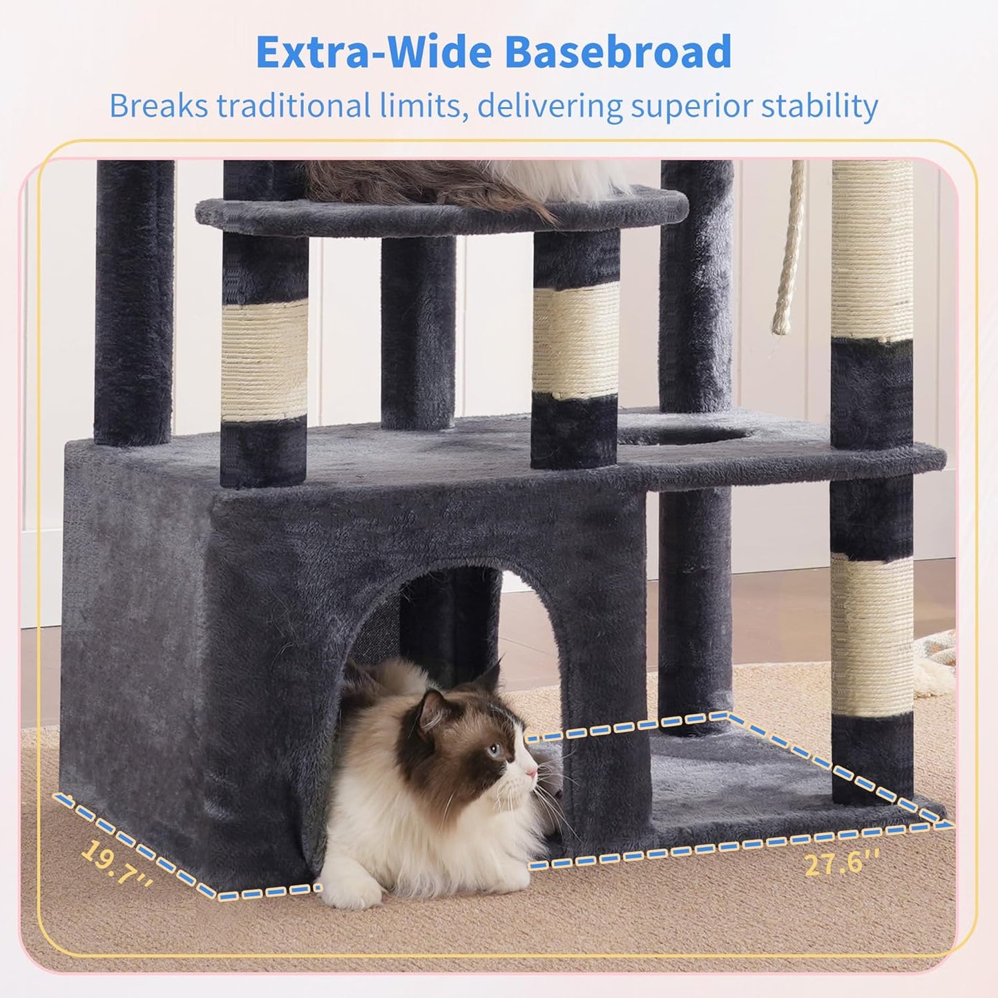 Heybly Heavy Duty Cat Tree, 71-Inch Tall Tower for Large Maine Coon with Extra-Large Baseboard, Cat Condo Furniture with Multi-Level Platforms, 2 Hammocks and 12 Scratching Posts, Smoky Gray HCT037G