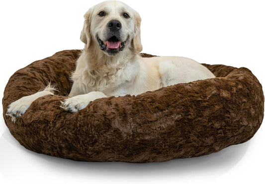 Best Friends by Sheri Original Calming Donut Dog and Cat Bed, Lux Faux Fur, Dark Brown, (36in x 36in) - Anxiety Relief for Pets Up to 100 lbs