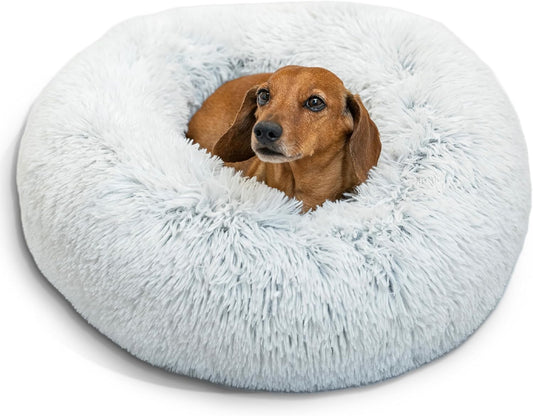Best Friends by Sheri Original Calming Donut Dog and Cat Bed, Shag Faux Fur, Frost Gray, (23in x 23in) - Anxiety Relief for Pets Up to 25 lbs