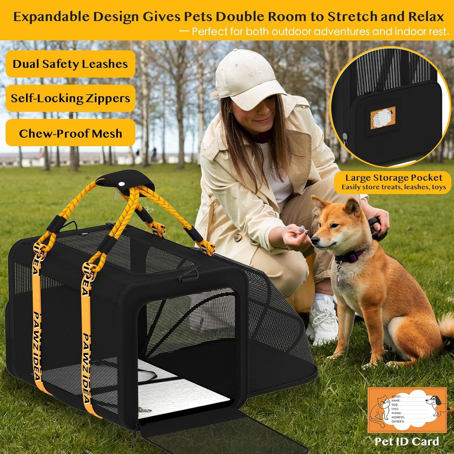 PAWZIDEA Expandable Large Pet Carrier, 24"X16"X16" Cat Carrier for 2 Cats, Collapsible Dog Travel Crate for Small Medium Dog Up 55lbs, Soft-Sided Secure Car Seat, XL Storage Pocket, ID Card, Chewproof