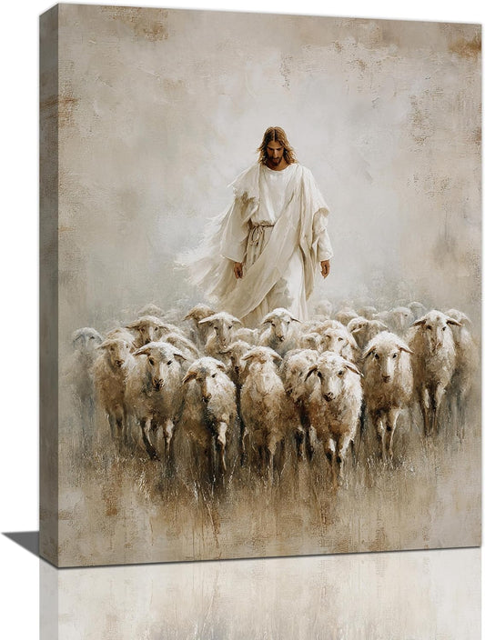 Jesus and Lamb Wall Art Christian Jesus Lamb Canvas Wall Decor Christ Religious Pictures painting Print Framed Artwork Decorations Gifts for Living Room Bedroom Prayer Room Church 12"x16"