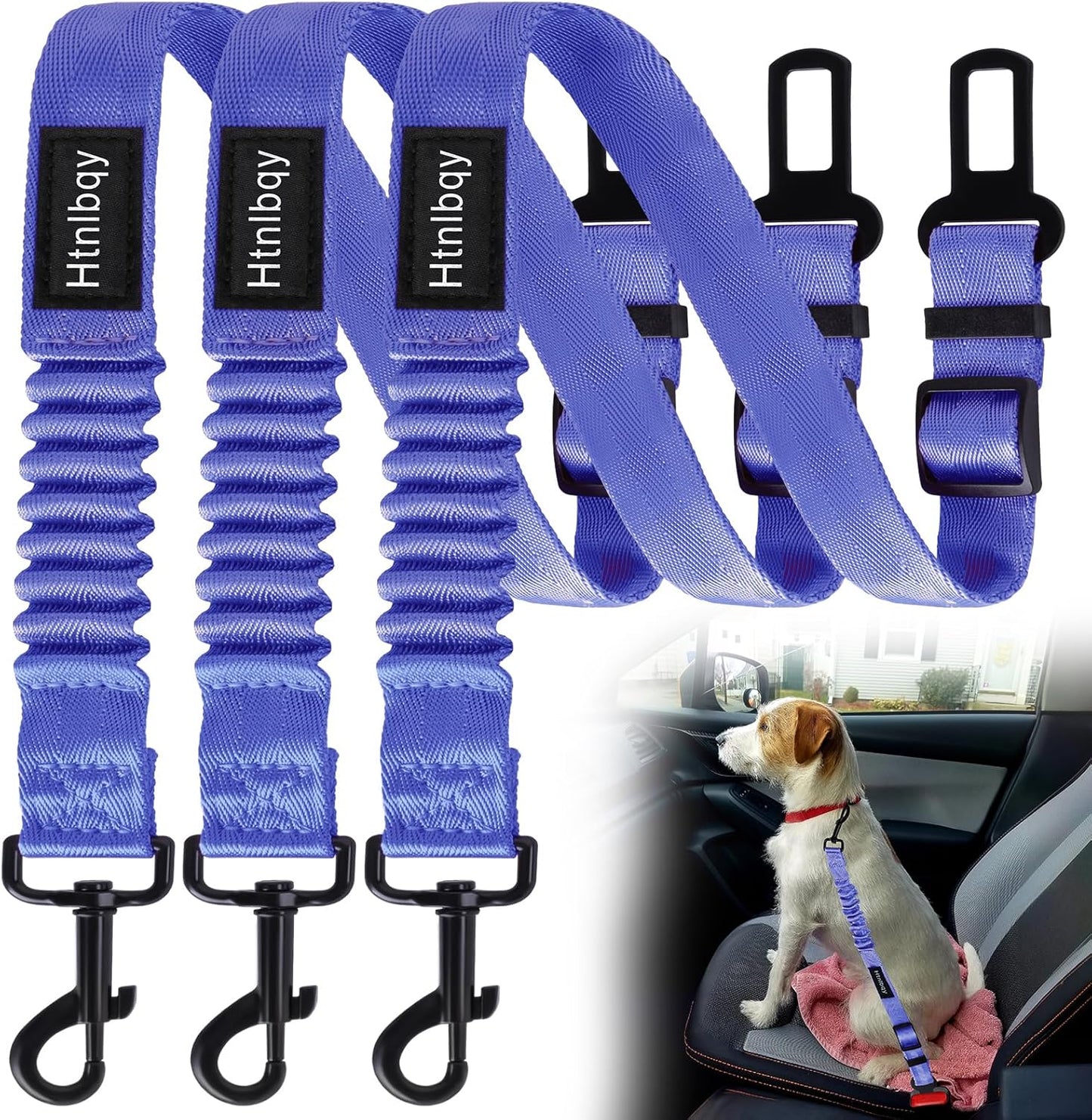 3 Pack Thickened Dog Seat Belt, Set Retractable Dog Car Adjustable Seatbelts for Vehicle Nylon Pet Safety Heavy Duty & Elastic & Durable Car Harness for Dogs, Blue