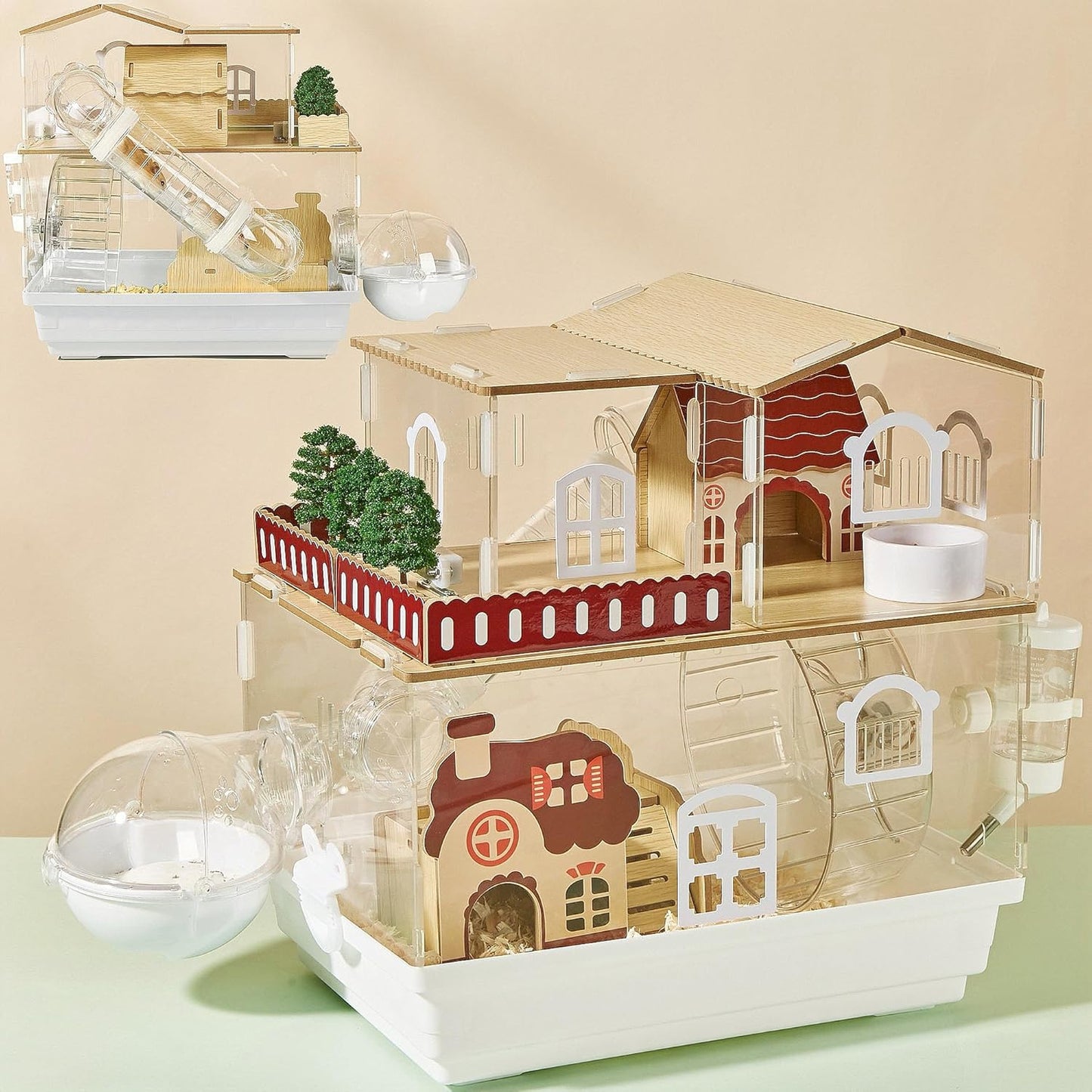 12 in 1 Clear Acrylic Hamster Cage with All Accessories,13.5''L* 10''W* 15''H Dwarf Hamster Cage,Magnetic Connection Small Hamster Enclosure,Garden Style Wooden Mouse Cage for Pet Mice(2-Layer,White)