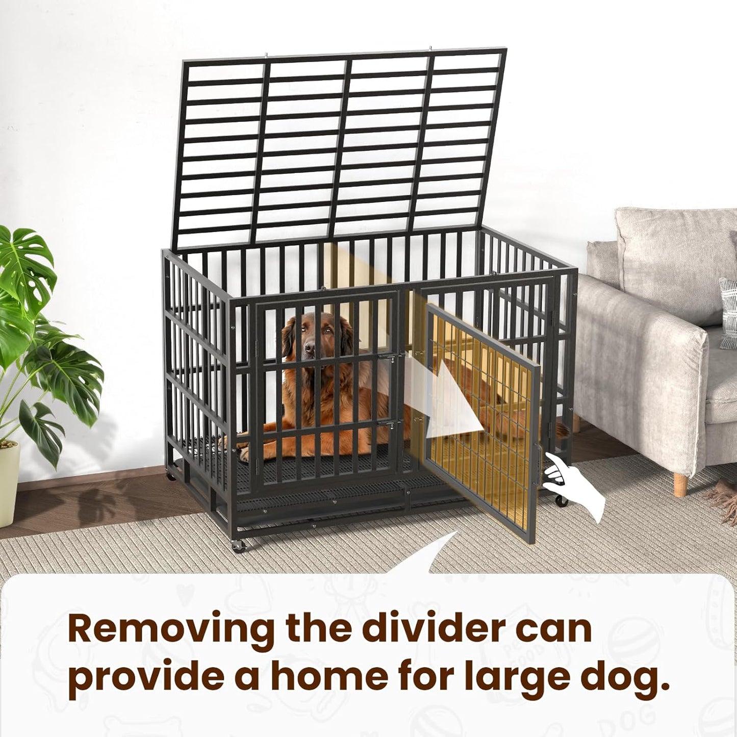 48 Inch Heavy Duty Indestructible Double Dog Crate Steel Escape Proof,Indoor Three Doors Cage,Kennel with Wheels,Removable Tray and Baffle