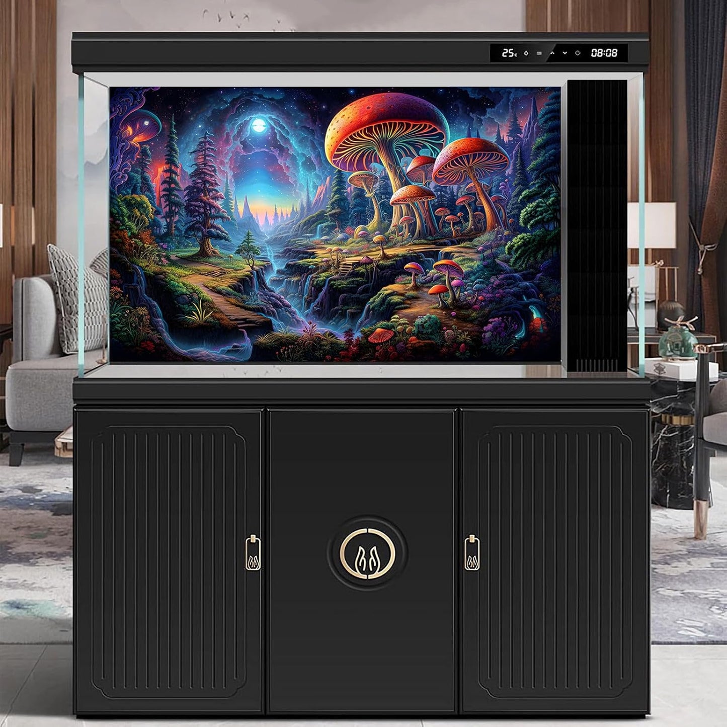 Forest Aquarium Background Fantastic Cartoon Forest Landscape with Mushrooms and Flowers Terrarium Background Fantasy Pine Tree Mysterious Mushroom Theme Fish Tank Backdrop Poster Decor 48x18in