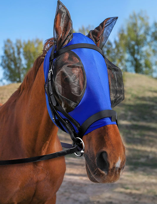 Horse Fly Mask with Ears, UV Protection Mask for Horses, Elasticity Mask with Big Mesh Eye Covers, Snug Fitting Comfortable Breathable Lightweight Royal Blue Cob