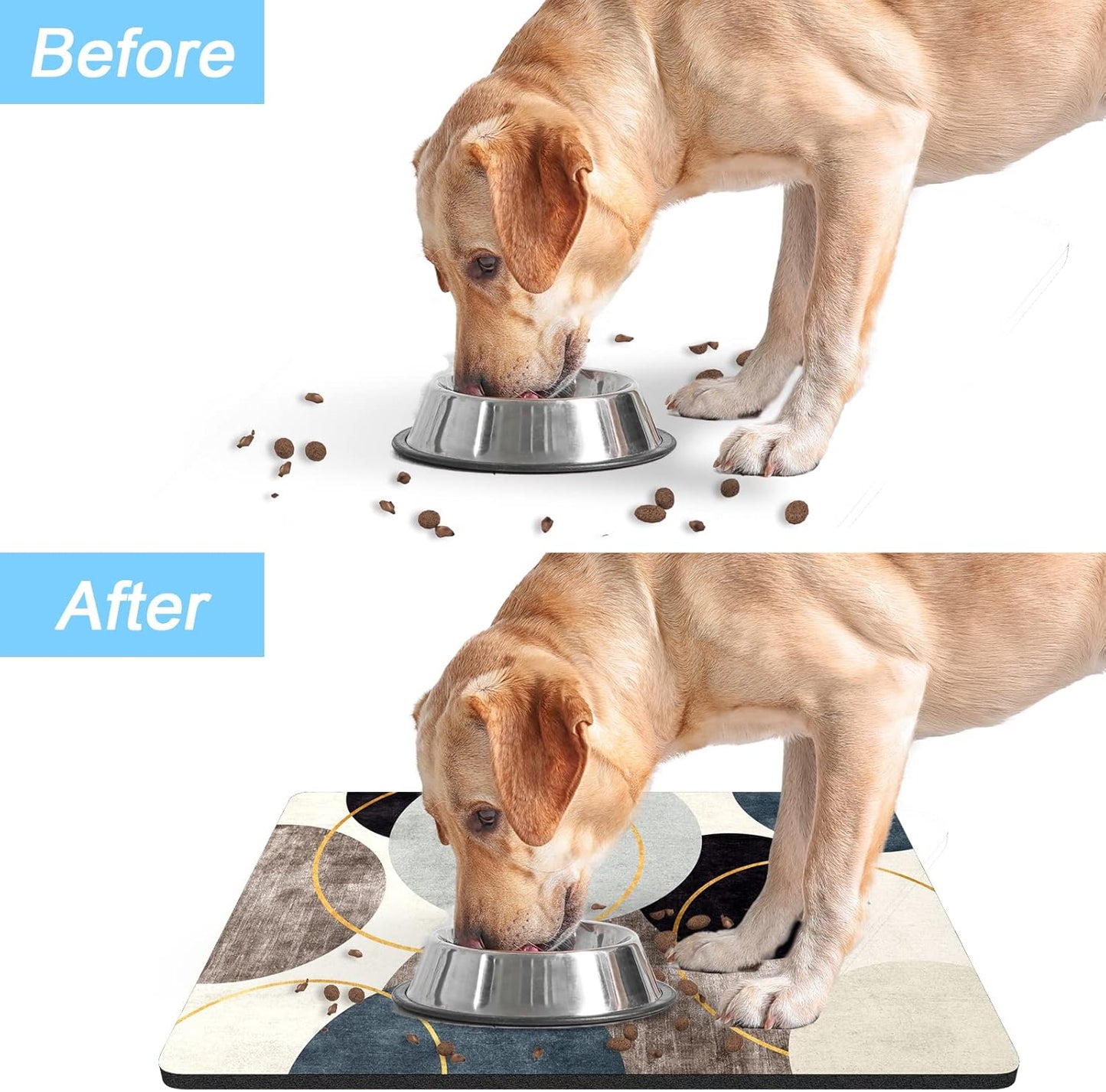 Rnivvi Dog Food Mat, 12" x 19" Boho Absorbent Dog Cat Bowl Mat for Food and Water, Cute Anti-Slip Rubber Pet Feeding Rug Protect Floors, Puppy Placemat for Feeding & Watering Supplies, Abstract Circle