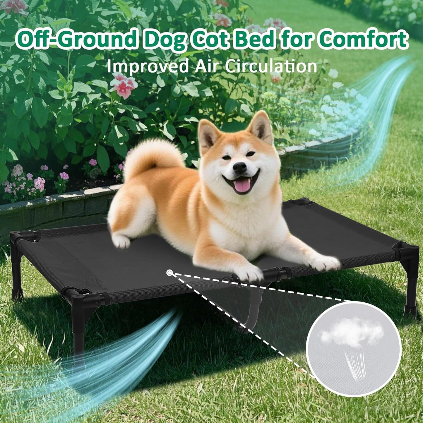 Elevated Outdoor Dog Bed Medium Size Dogs, Cooling Pet Raised Bed with Frame, Lifted Place Cot for Dog Training with Breathable Mesh & Non Slip Feet (M, Black)
