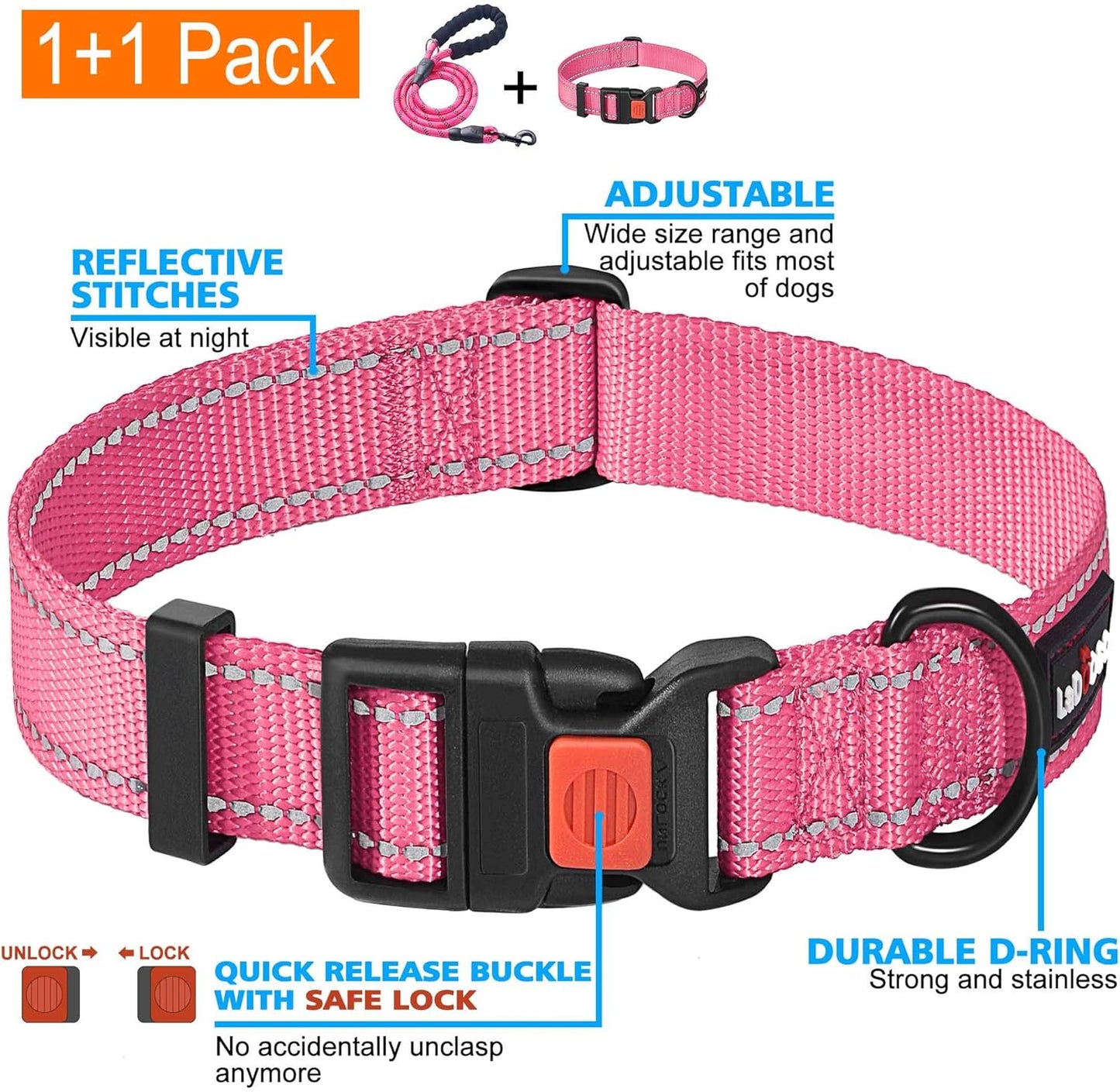 Heavy Duty Dog Leash - Comfortable Padded Handle, 5 ft Long - Dog Leashes for Small Medium Large Dogs (Leash+Collar S Neck 13.5"-16", Pink)