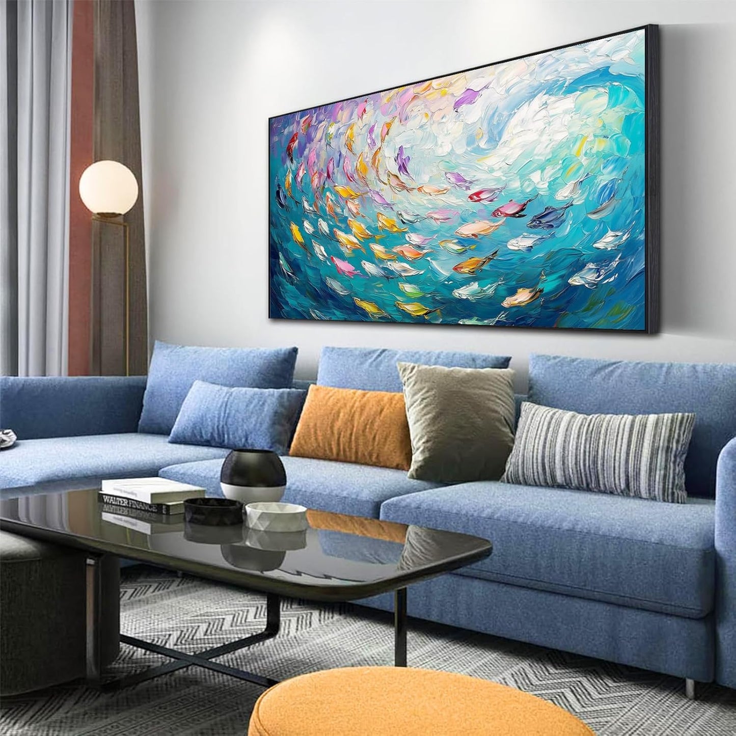 Fish Canvas Wall Art, Abstract School of Fish Canvas Wall Art, School of Fish Painting Canvas, School of Fish Wall Art, Fish Wall Decor, Fish Pictures Wall Decor, Bedroom Canvas Wall Decor (Gold Framed, 36"x20" | 92x52cm)