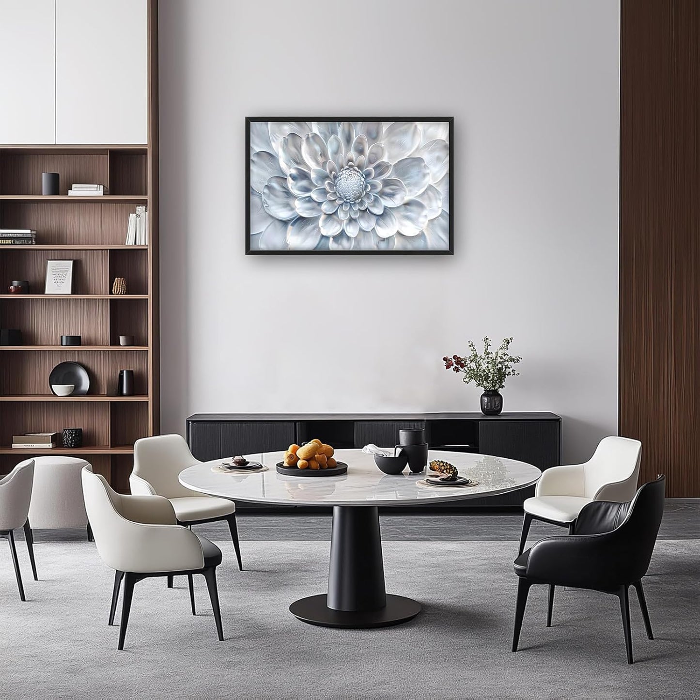 Abstract Flower Large Wall Art White Silver Floral Pictures Wall Decor Neutral Canvas Print Painting Artwork for Bathroom Living Room Bedroom 36L" x 24W"