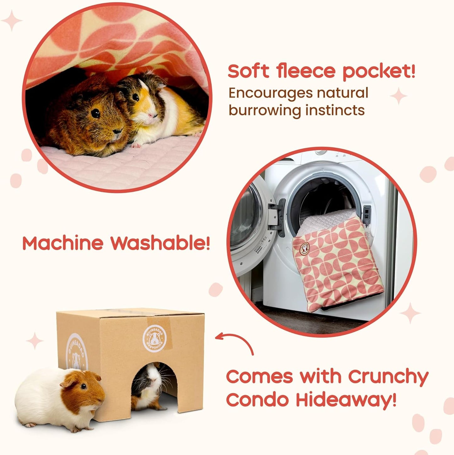 GuineaDad Premium Liner – Fleece Guinea Pig Cage Liner – Ultra-Plush Reusable Fleece Bedding with Waterproof Bottom – Extra Absorbent Liner for 2x3 C&C Cage (Blush)