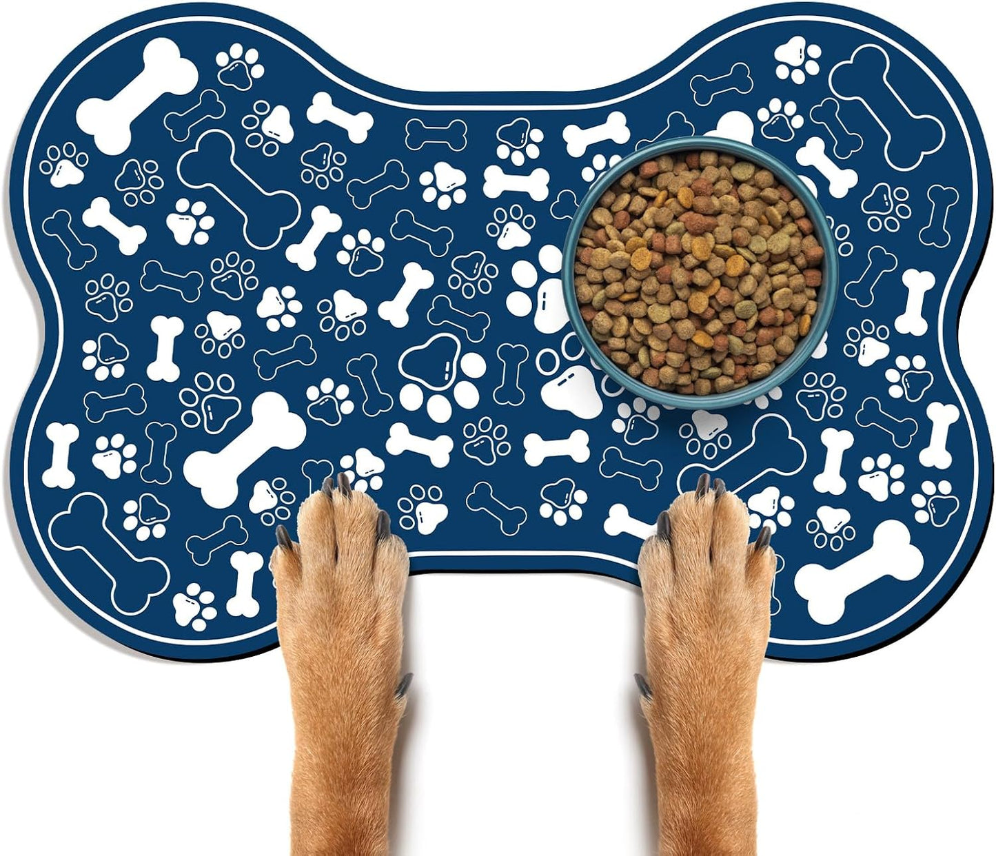Dog & Cat Food Mat Bone Shaped Pet Feeding Mat Quick Absorb Water Bowl Placemat with Rubber Backing Indoor Floor Stain Resistant Pet Accessory Supplies (Blue, 16x24 Inches)