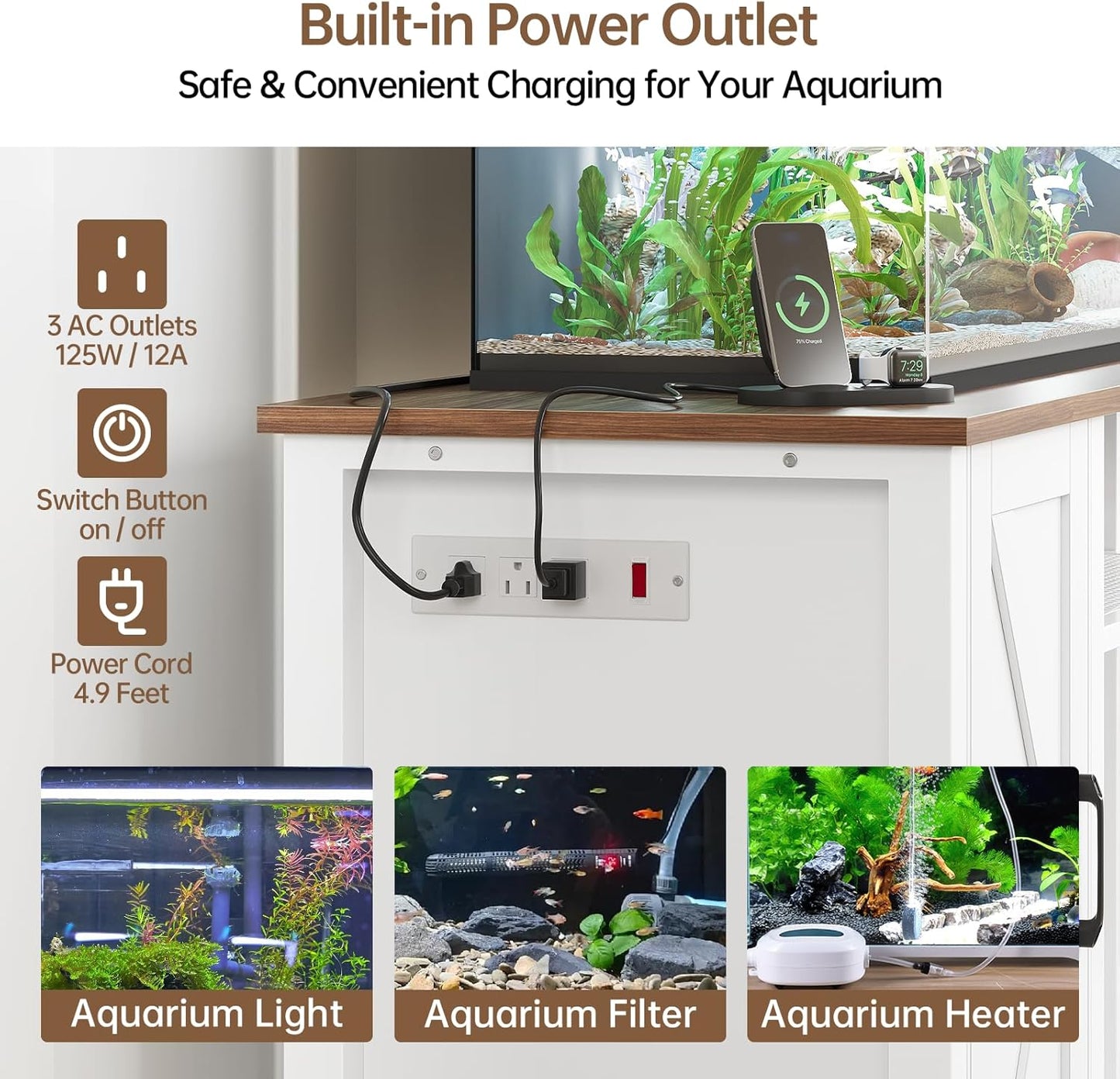 Aquarium Stand with Power Outlets, 55-75 Gallon Heavy Duty Fish Tank Stand with Cabinet Storage & Adjustable Shelf, for Fish Tank, Turtle Tank, Reptile Terrarium, 1000LBS Capacity, White