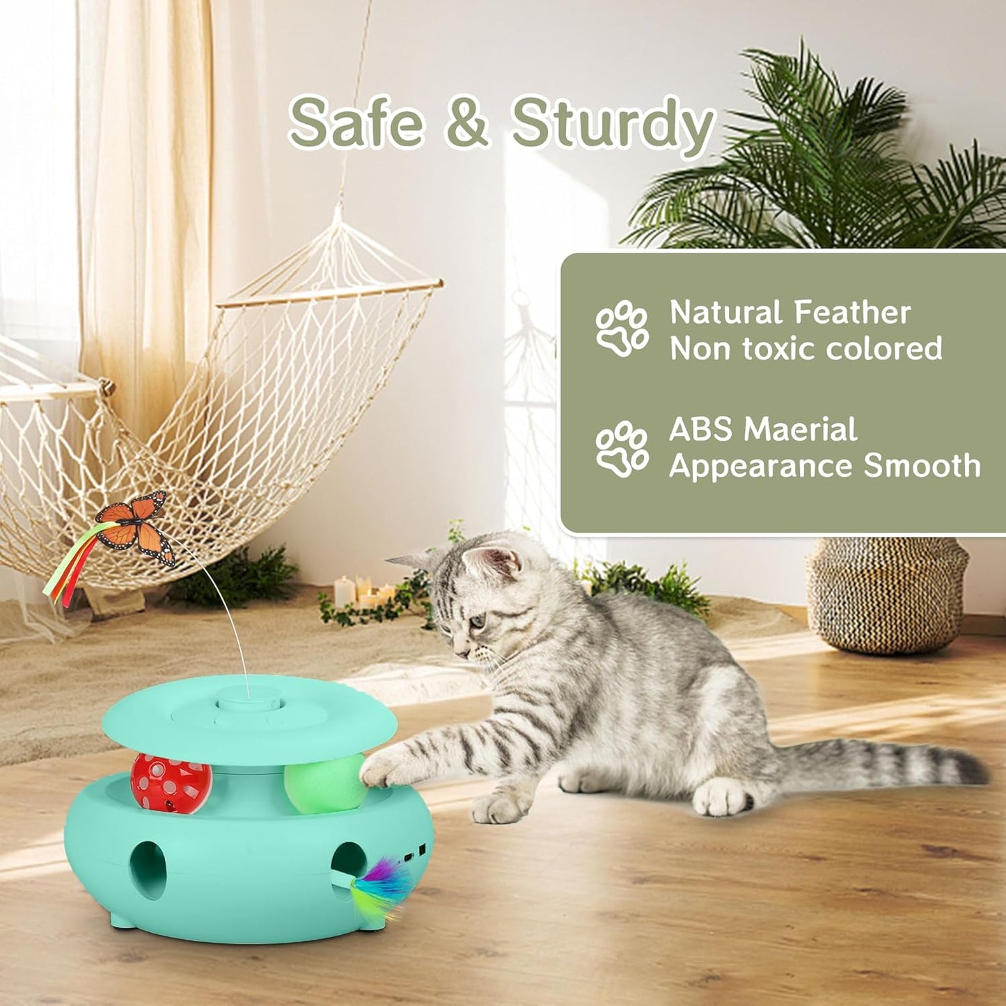 Cat Toys,3-in-1 Interactive Cat Toys for Indoor Cats,Rechargeable Automatic Interactive Cat Toy with Fluttering Butterfly,Smart Sensor 6 Holes Mice Whack-A-Mole and Track Balls,Blue