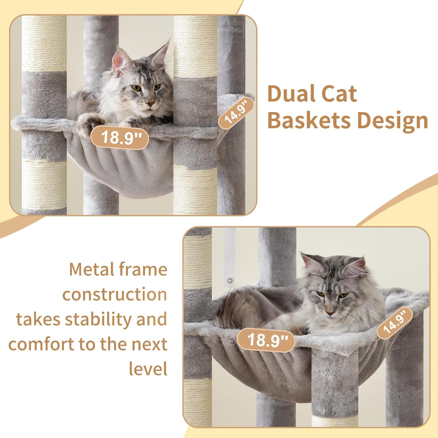 Heybly Heavy Duty Cat Tree, 71-Inch Tall Tower for Large Maine Coon with Extra-Large Baseboard, Cat Condo Furniture with Multi-Level Platforms, 2 Hammocks and 12 Scratching Posts, Light Gray HCT037W