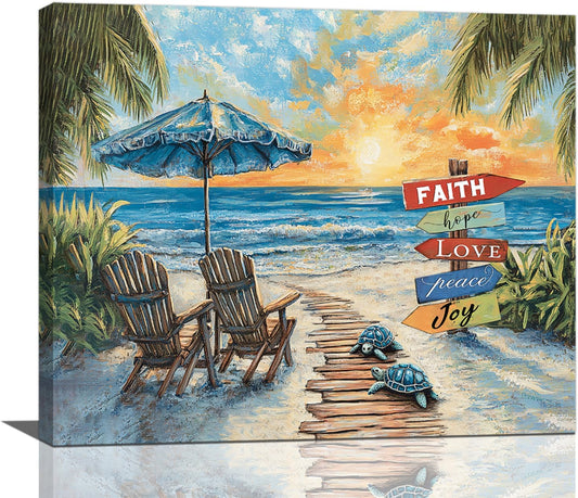 Beach Ocean Bathroom Pictures Wall Art, Seaside Coastal Bathroom Wall Decor, Sunrise Framed Painting Canvas Artwork for Bedroom Living Room Decorations 20"L x 16"W