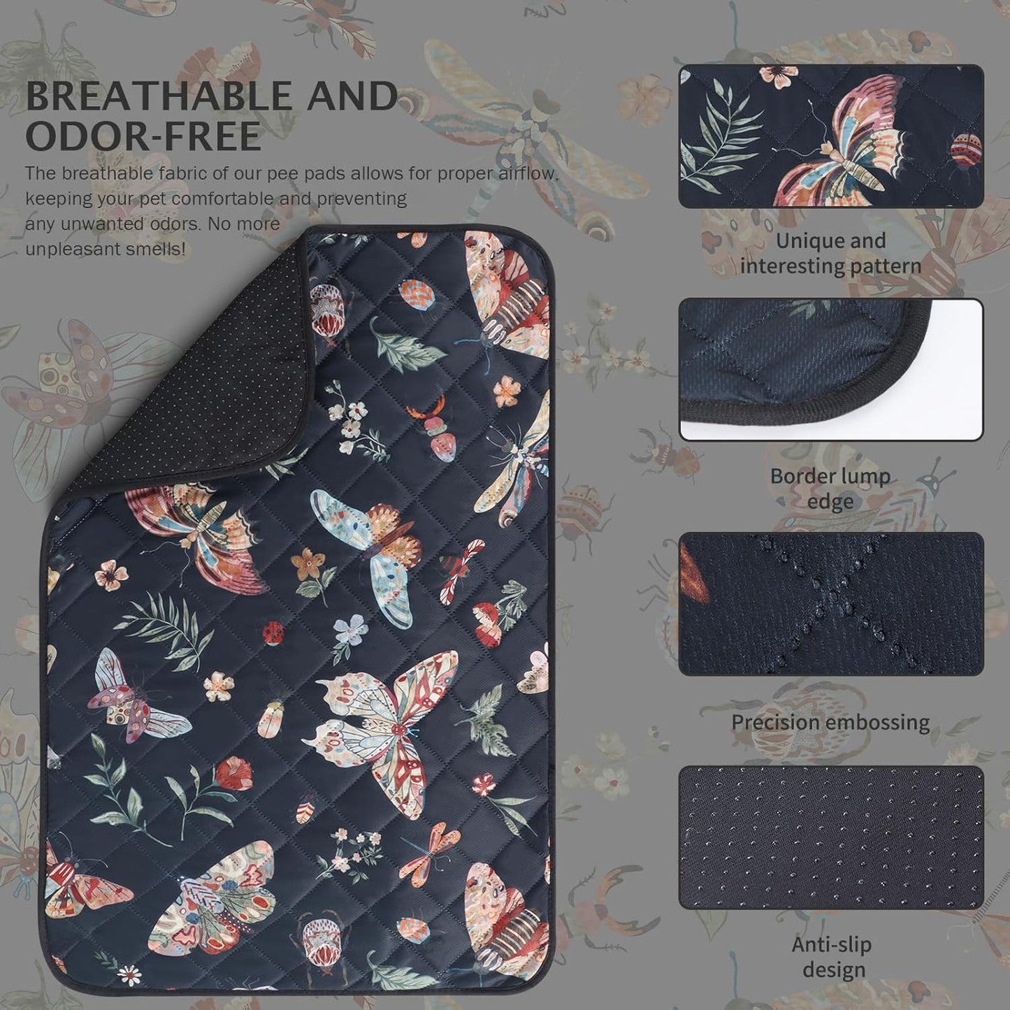 IEUUMLER Washable Pee Pads for Dogs, 1 Pack Insect Pattern Reusable Waterproof Puppy Potty Pads, Non-Slip Absorbent Pet Training Pads for Playpen Crate Bed EU014