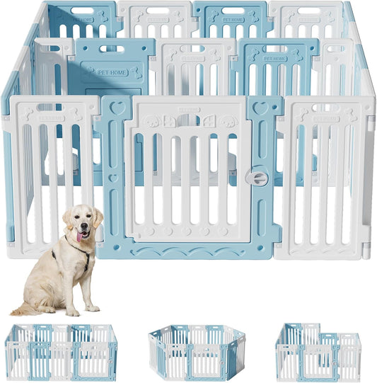 2 Room Dog Playpen with Door,DIY Shape Combination Puppy Pen,16-Panel+2 Link Piece+Large Door+Small Door,25.5" H Dog Fence,Non-Slip&Secure Pet Gate,Easy to Assemble,Blue+White
