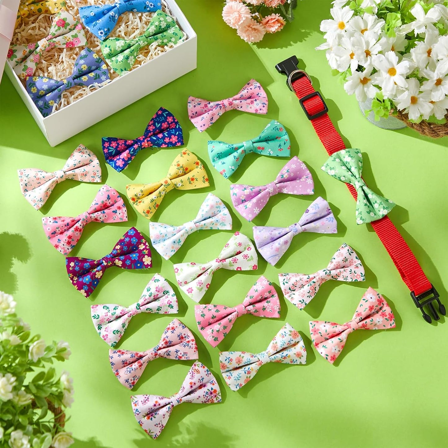 Hillban 50 Pieces Floral Collar Dog Bow Ties Flower Dog Collar Accessories Bow Ties Attachment with Elastic Bands Detachable Charms for Pets Accessories Summer Costume
