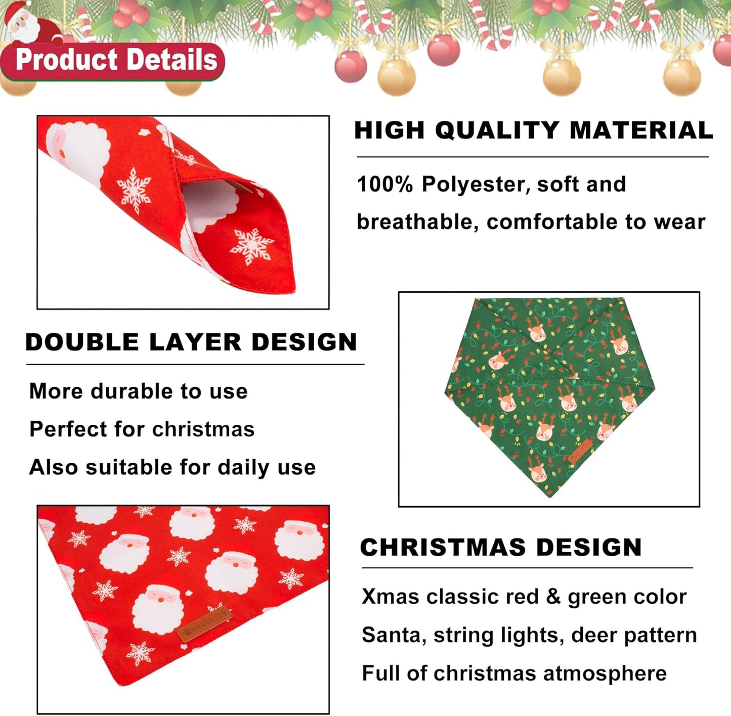 ADOGGYGO Christmas Dog Bandanas 2 Pack, Santa Deer Pattern Pet Xmas Scarf Bib, Premium Durable Fabric, Pet Christmas Bandanas for Medium Large Dogs (Large)