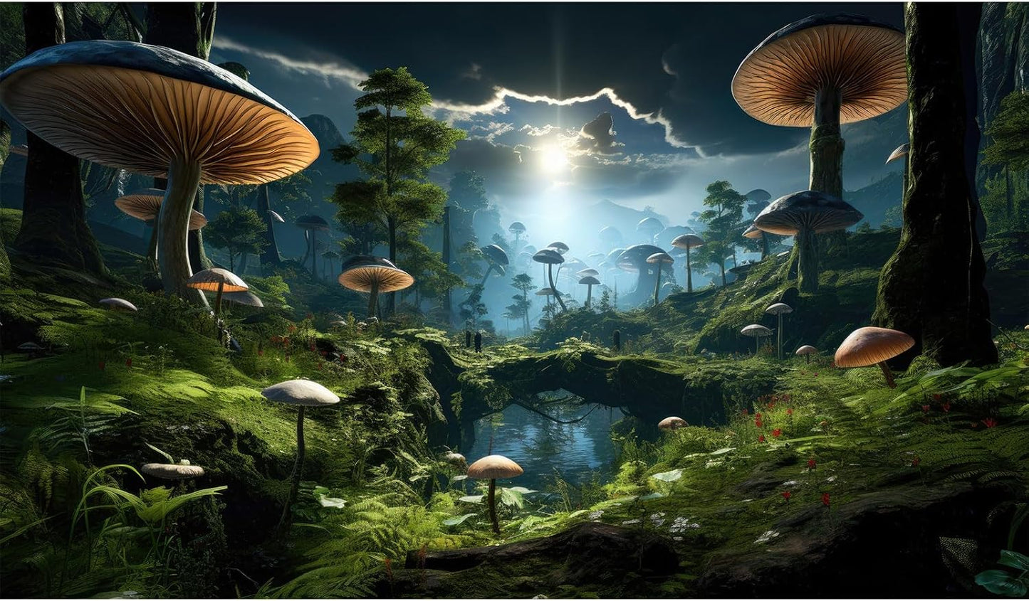 Fantasy Mushrooms Landscape Aquarium Background Tranquil Stream Cloudy Sky Terrarium Background Lush Green Tropical Plants Trees Fish Tank Backdrop Decoration Tank Background Poster 48x18in