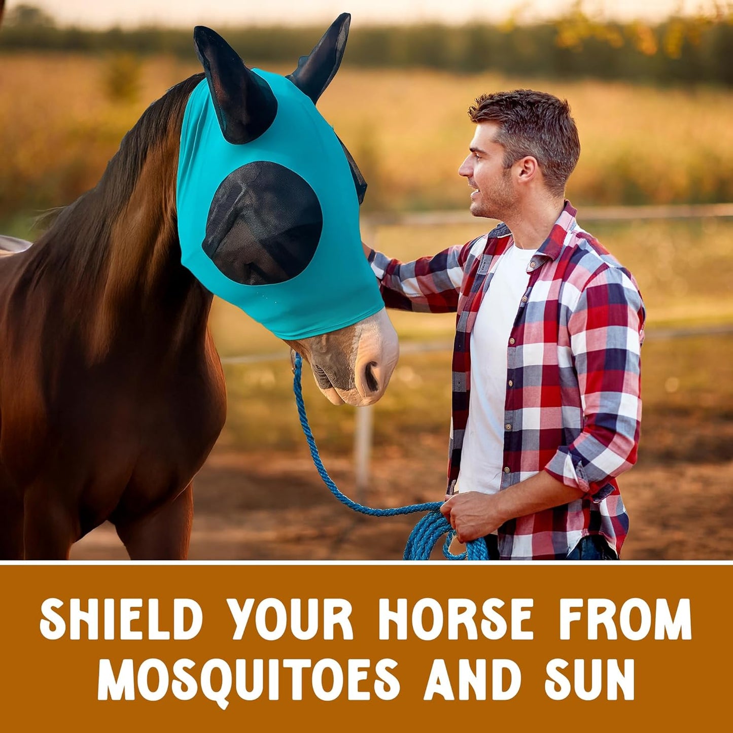 Horse Fly Mask - Durable Equine Fly Mask with Full Coverage for Eye & Ear - Stretchable, UV & Sun Protection Flymask for Horses, Ponies & Mini Horses - Horse Face Cover for Pasture & Trail - Teal