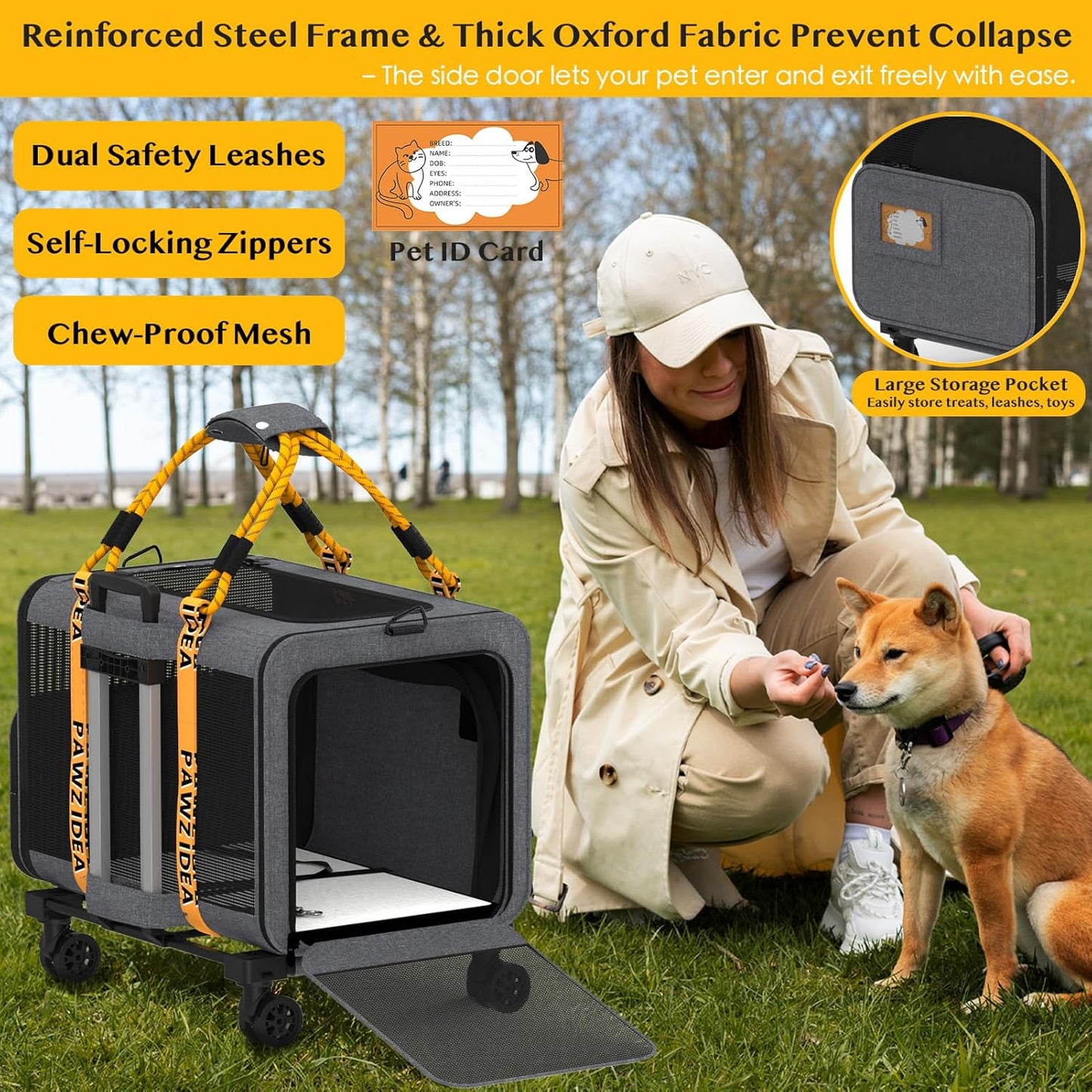 PAWZIDEA Expandable Pet Carrier with Wheels, 24x16x16in Large Cat Carrier for 2 Cats, Soft-Sided Dog Carriers for Small Medium Dog, Collapsible Rolling Travel Bag w/Telescopic Handle, Shoulder Straps