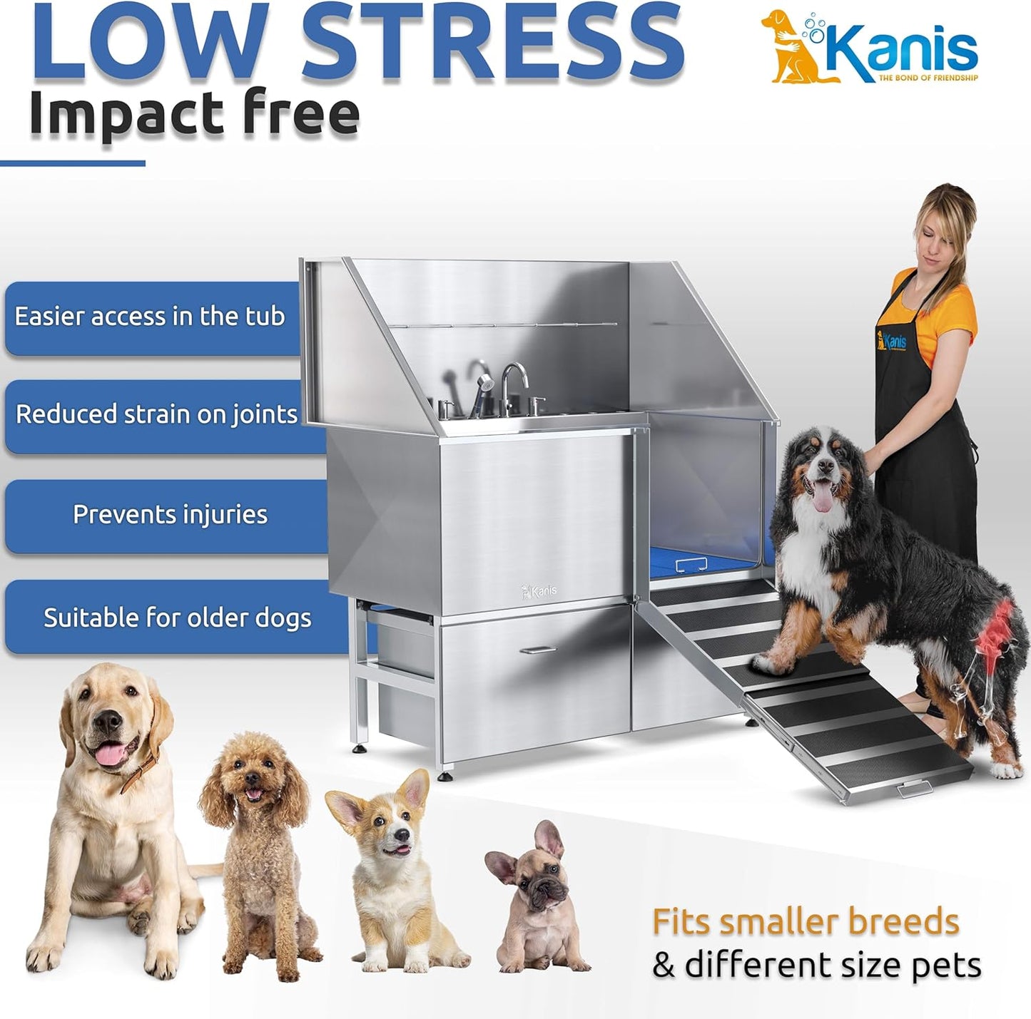 KANIS Professional Dog Washing Station - 304 Stainless Steel Pet Wash Sink & Grooming Bath Tub for Home with Ramp, Shower, Floor Grate, Storage Drawers, and Faucet for Large, Medium & Small Pets