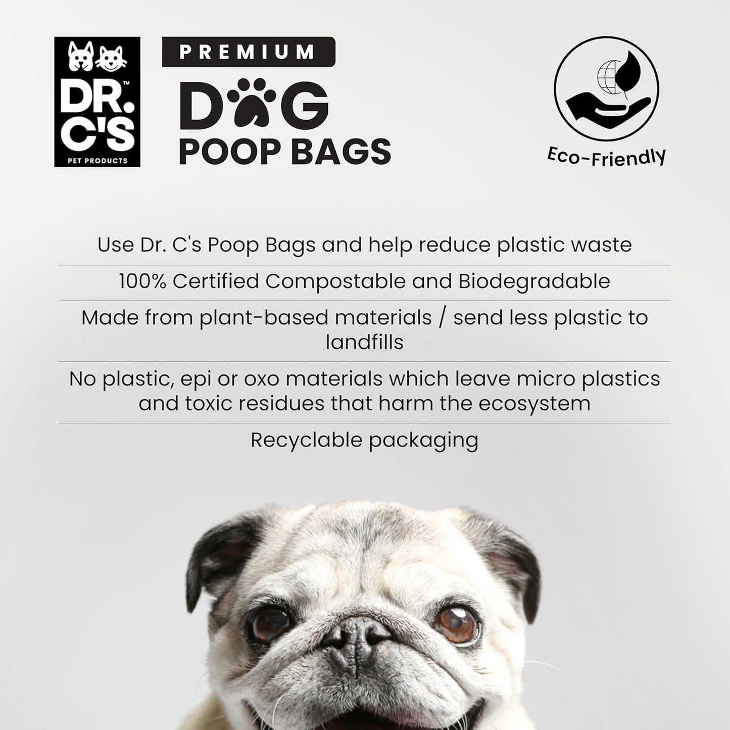 100% Certified Compostable Dog Poop Bags - Dr. C's Premium Dog Poop Bags - 270 Bags / 18 Rolls, Extra thick, Leak Proof, Unscented, Plant Based and Earth Friendly, Dispenser Included