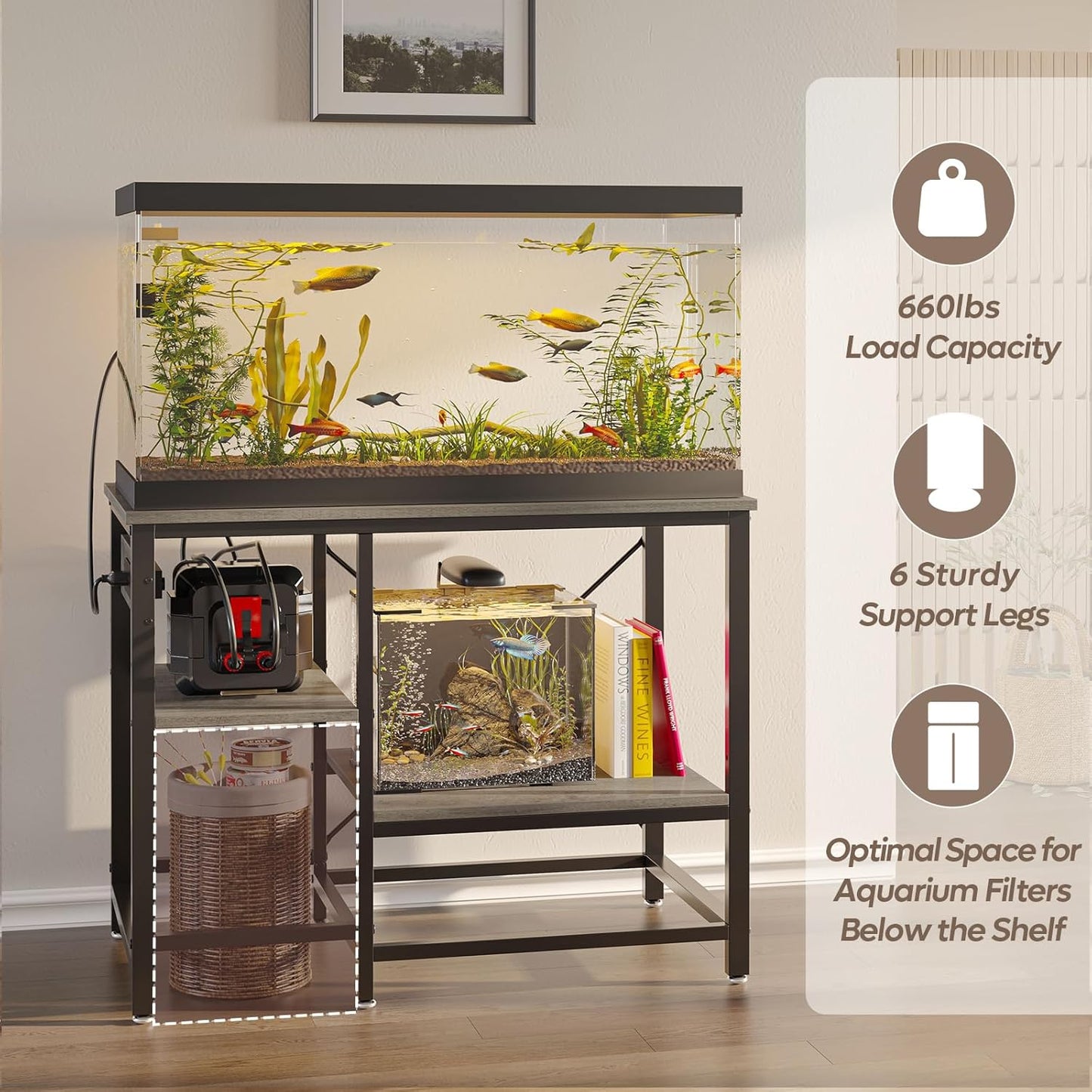 40-50 Gallon Fish Tank Stand with Charging Station, 36x19 Metal Aquarium Stand with 3-Tiers Adjustable Storage Shelves, 6-Legs Reptile Terrarium Stand, 660 LBs