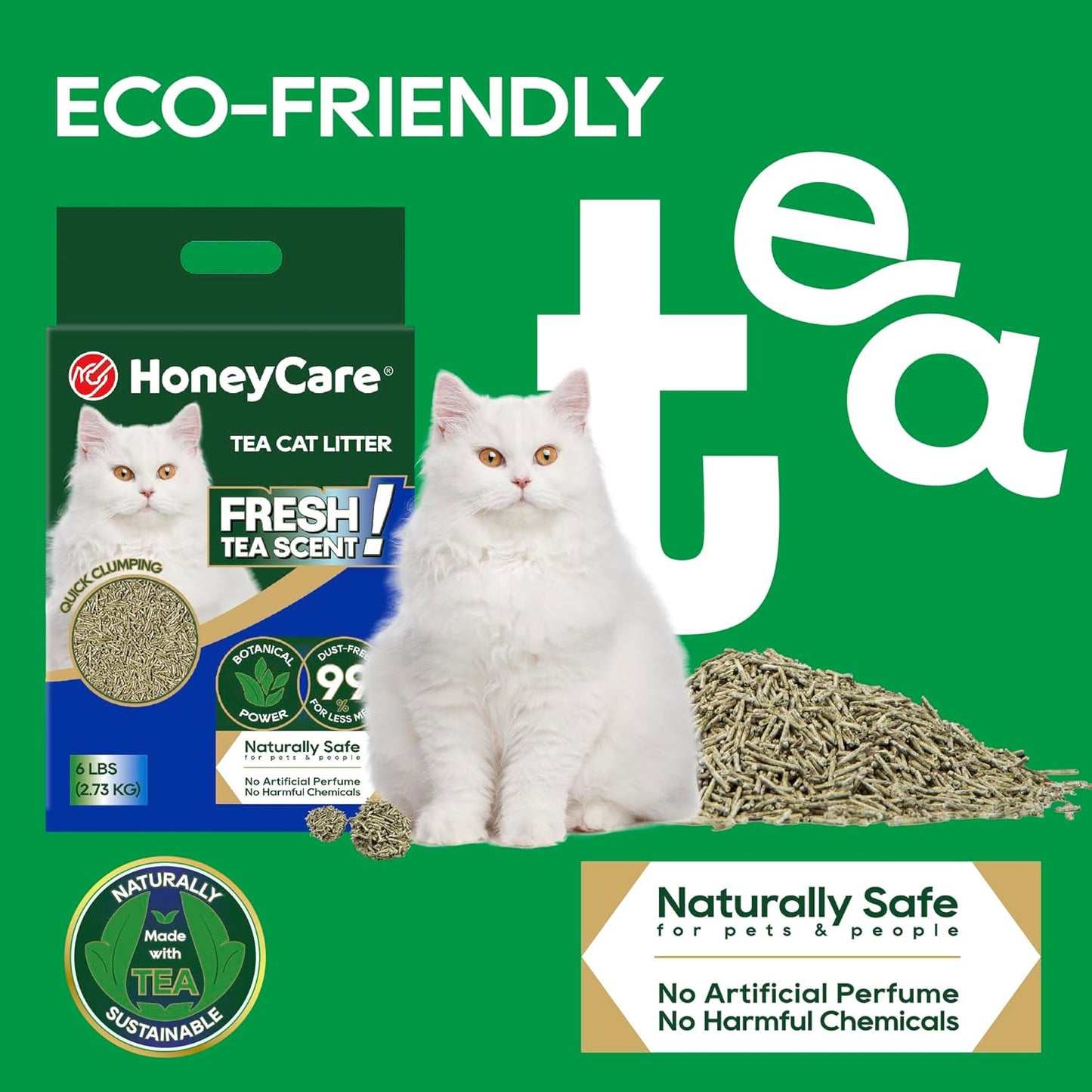 HoneyCare Tea Cat Litter | Natural Plant-Based Formula | Long-Lasting Odor Control | 99% Dust-Free & Low Tracking | Flushable Cat Litter | 24-lbs Value Pack (6 lbs x 4)
