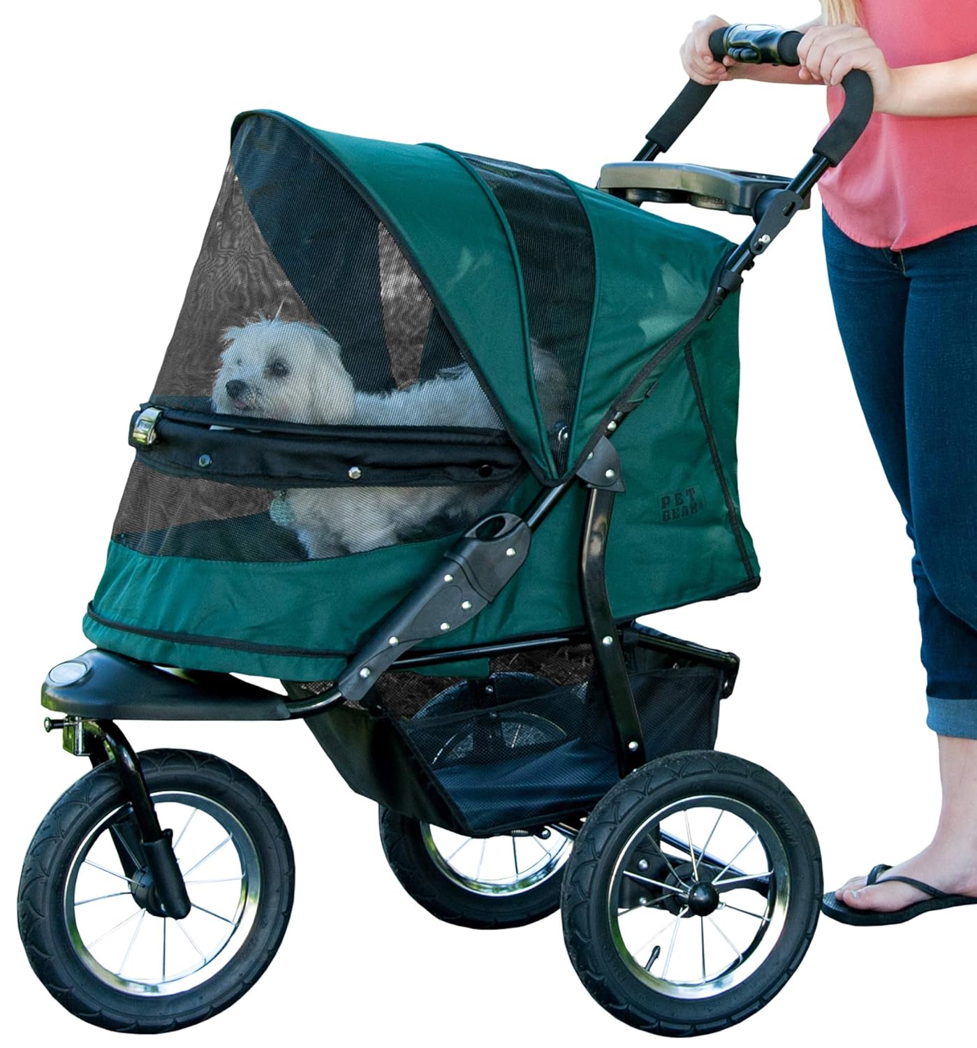 Pet Gear No-Zip Jogger Pet Stroller for Cats/Dogs, Zipperless Entry, Airless Tires, Easy One-Hand Fold, Cup Holder + Storage Basket, Hunter
