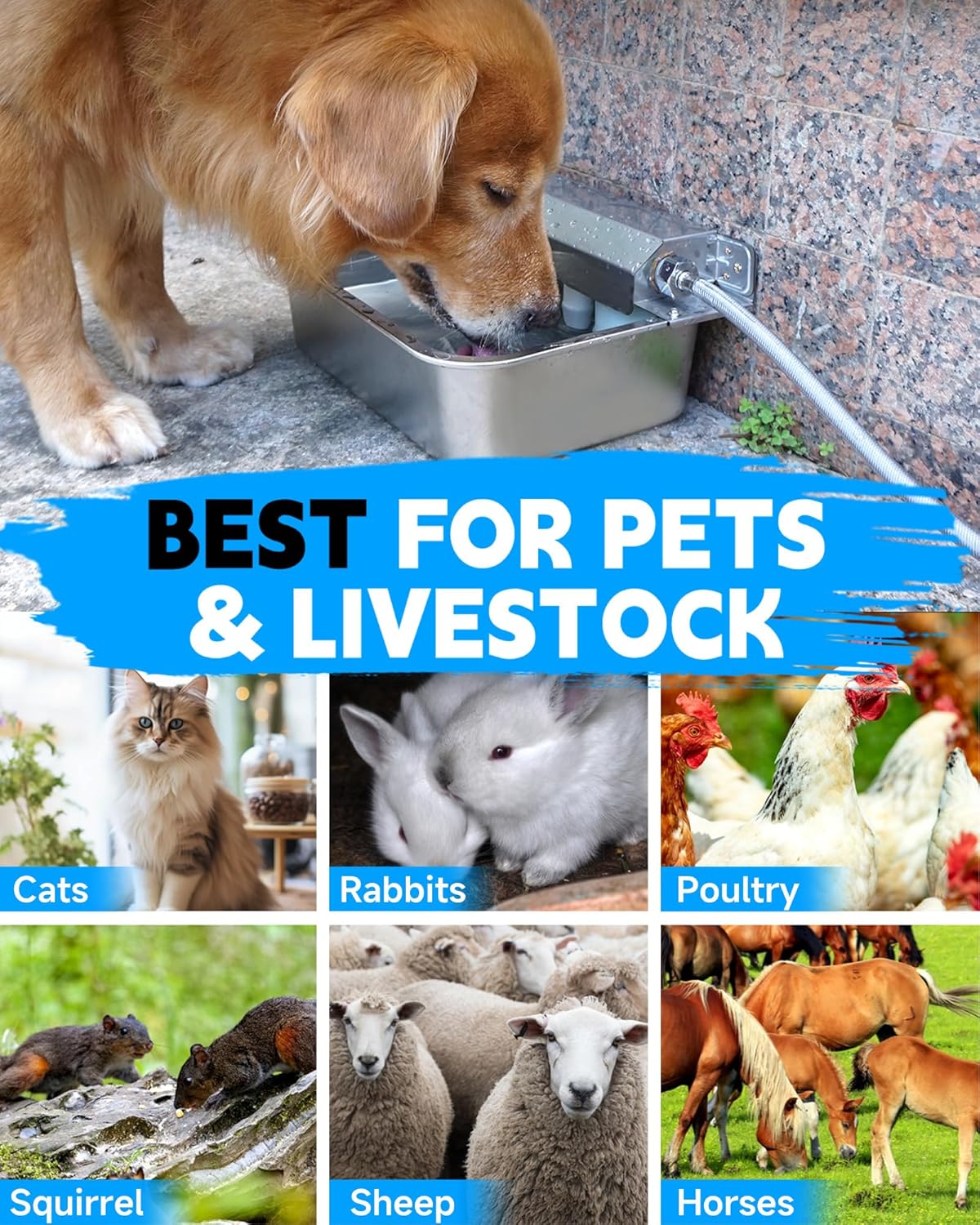 Automatic Dog Water Dispenser, 2 Gallons 304 Stainless Steel Dog Water Bowl for Indoor/Outdoor, Large Water Bowl for Pets & Livestock, Anti Tip, Wide Mouth, Water Auto Fill, Fit GHT 3/4" Faucet