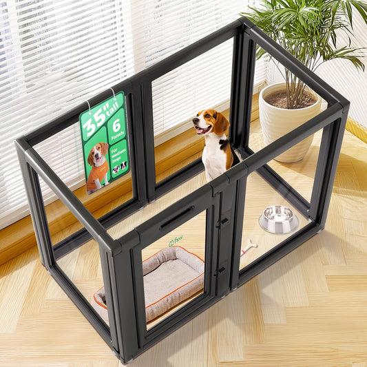 FXW AuraSpace Acrylic Indoor Unleashed Dog Playpen for Medium Dogs, 35 Inch, 6 Panels, Black