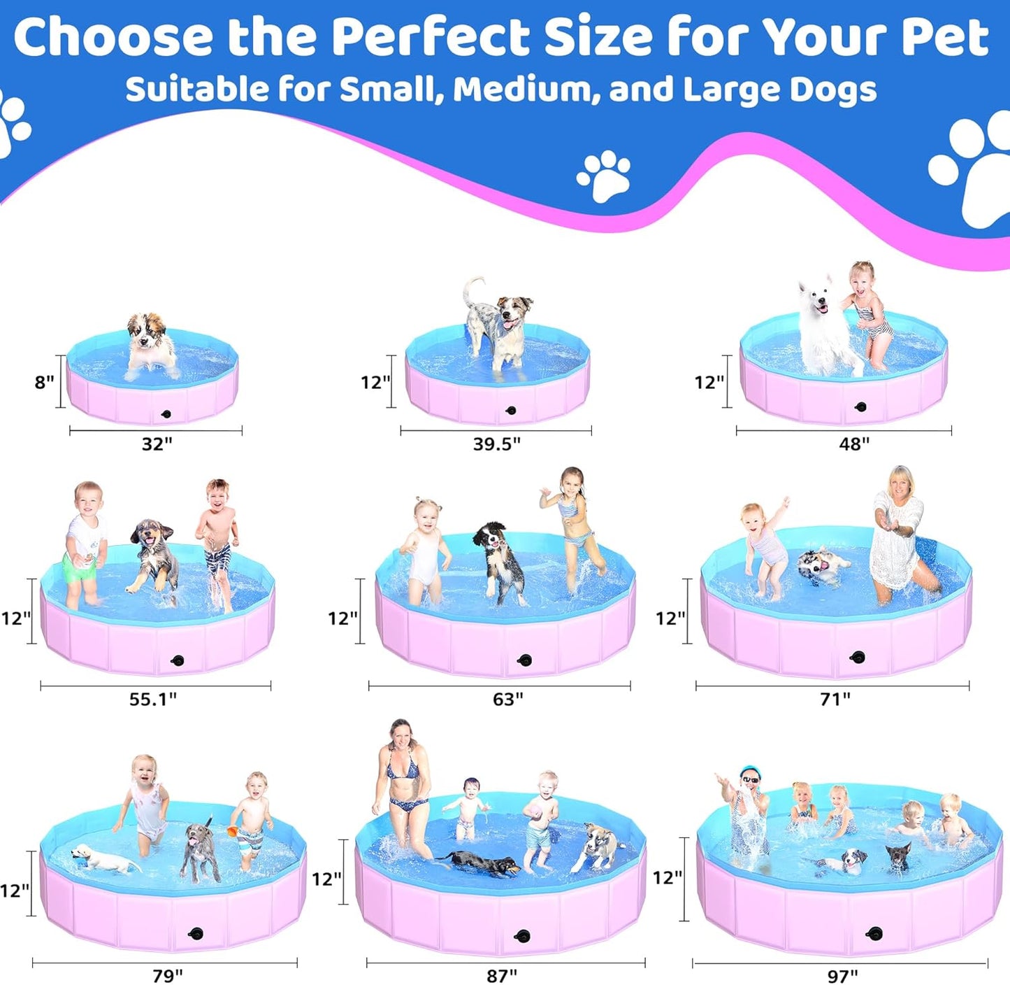 2025 Updated Foldable Dog Pool, 55" x 12" Kiddie Pool with Hard Plastic, Non-Slip Dog Bath Tub for Outdoor Backyard, Collapsible Dog Swimming Pool for Kids Dogs Pets (Pink)