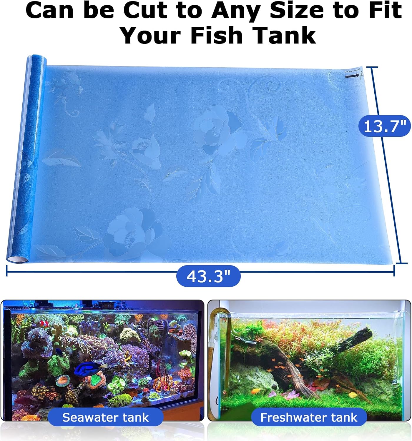 Aquarium Background Paper, Blue Fish Tank Backdrop Wallpaper Electrostatic Adhesive, No Glue, Easy to Install, Reusable (13.7" H × 43.3" L, Translucent)