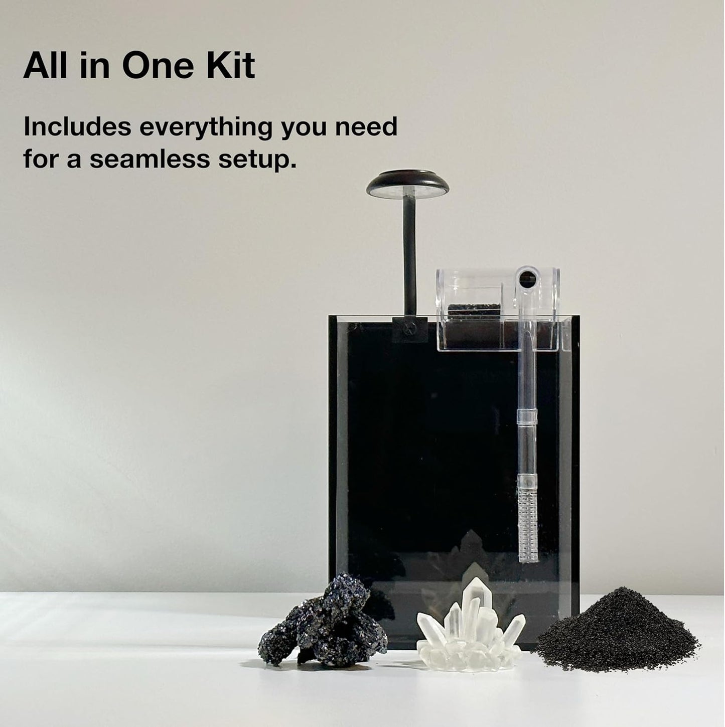 Nano Aquarium Kit,1.5 Gallon Rimless Small Glass Tank with Filter, Aquarium Light, and Aquascaping Decorations, for Home and Office (Black Tank - White Crystal, Small)