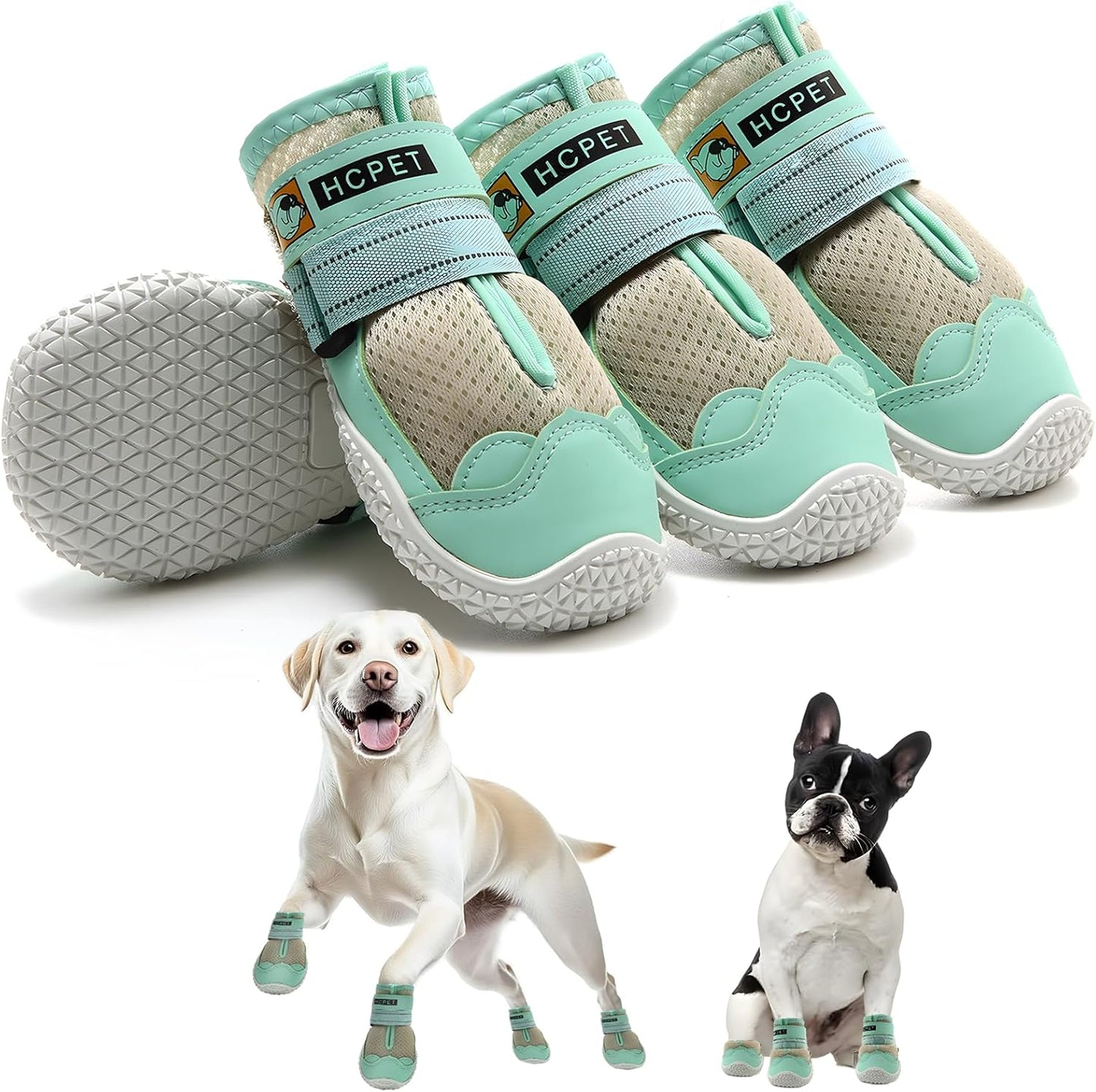 Hcpet Dog Shoes for Large Dogs, Breathable Dog Booties for Small Medium Dogs, Anti-Slip Dog Boots & Paw Protectors for Hot Pavement Winter Snow Hiking with Reflective Straps Green Size 6