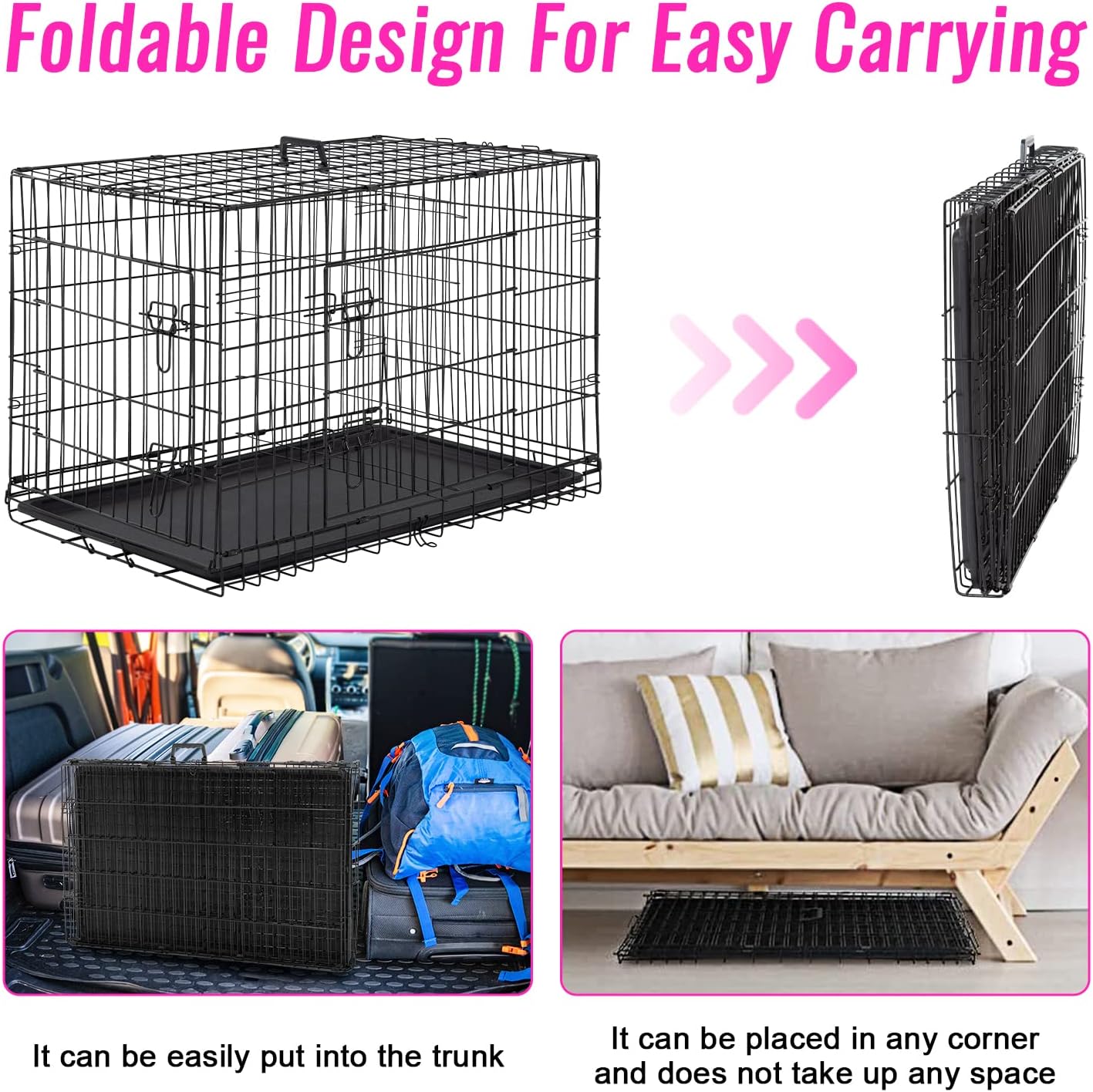 FDW Dog Crate for Large Dogs 48 Inch Folding Metal WirePet Cage Double Door W/Divider Panel Indoor Outdoor Kennel Leak-Proof Plastic Tray,Black
